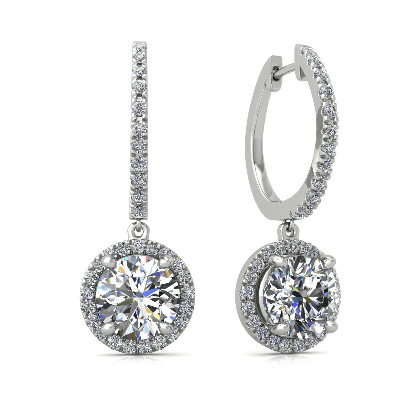 18k white gold  0,1 ct  each (0,2 tcw) 4 prongs round shape diamond hanging hoop earrings with diamond pavÉ set halo Photos & images