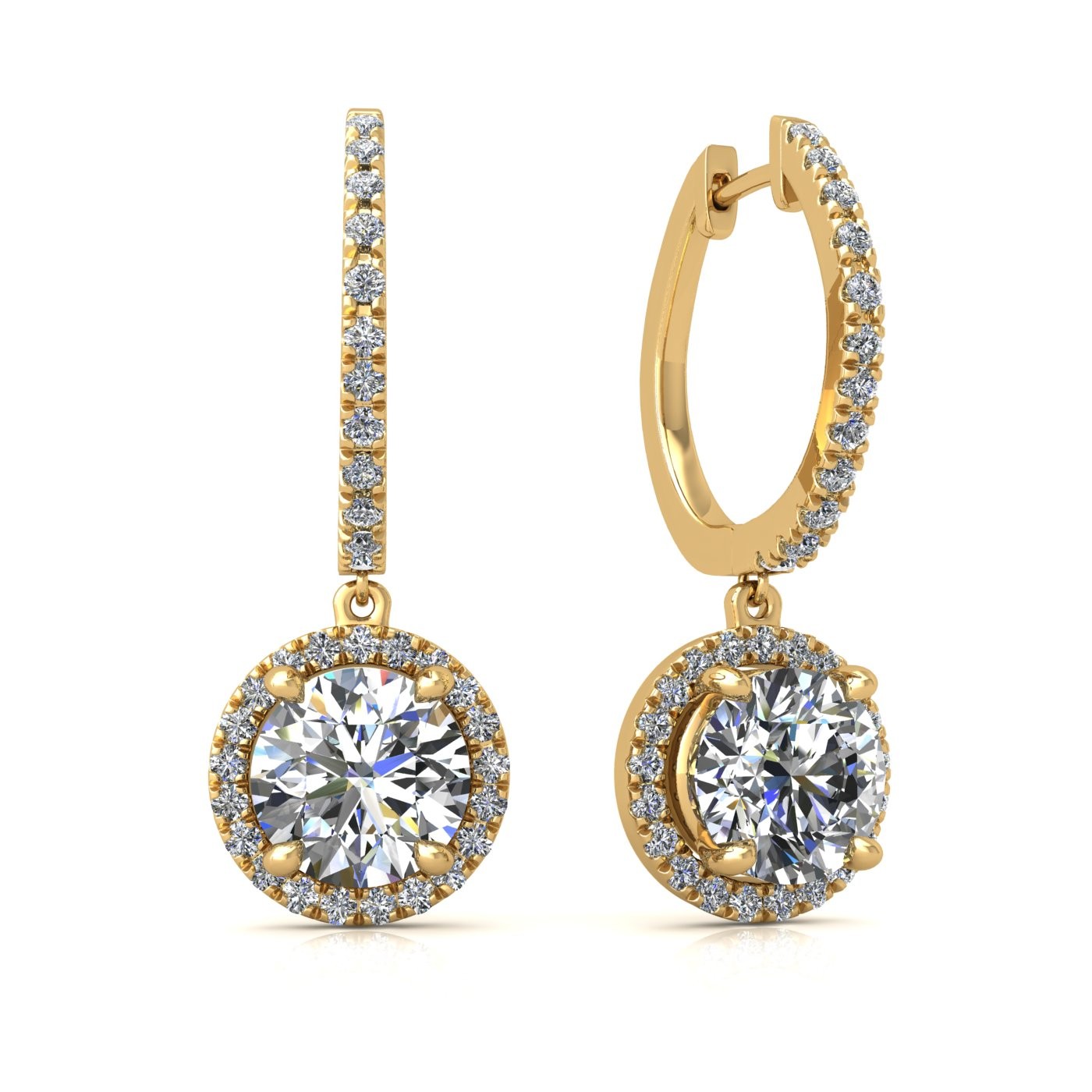18k yellow gold  0,1 ct  each (0,2 tcw) 4 prongs round shape diamond hanging hoop earrings with diamond pavÉ set halo Photos & images