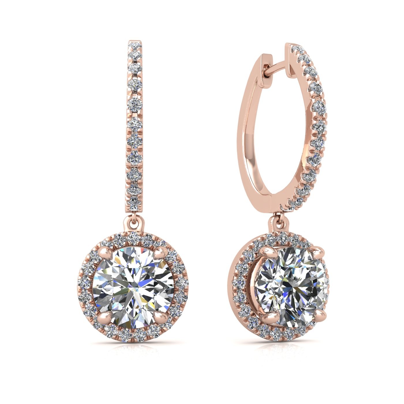 18k rose gold  0,1 ct  each (0,2 tcw) 4 prongs round shape diamond hanging hoop earrings with diamond pavÉ set halo Photos & images