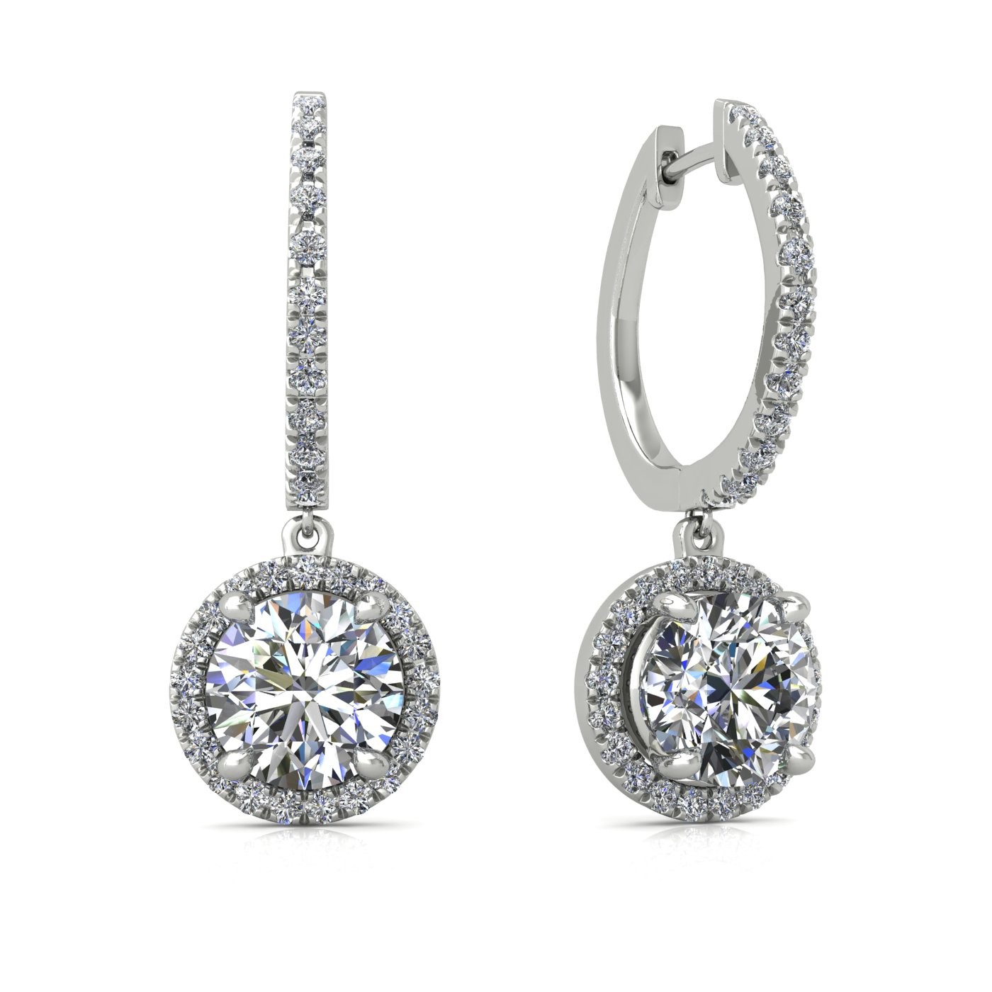 18k white gold  0,1 ct  each (0,2 tcw) 4 prongs round shape diamond hanging hoop earrings with diamond pavÉ set halo Photos & images