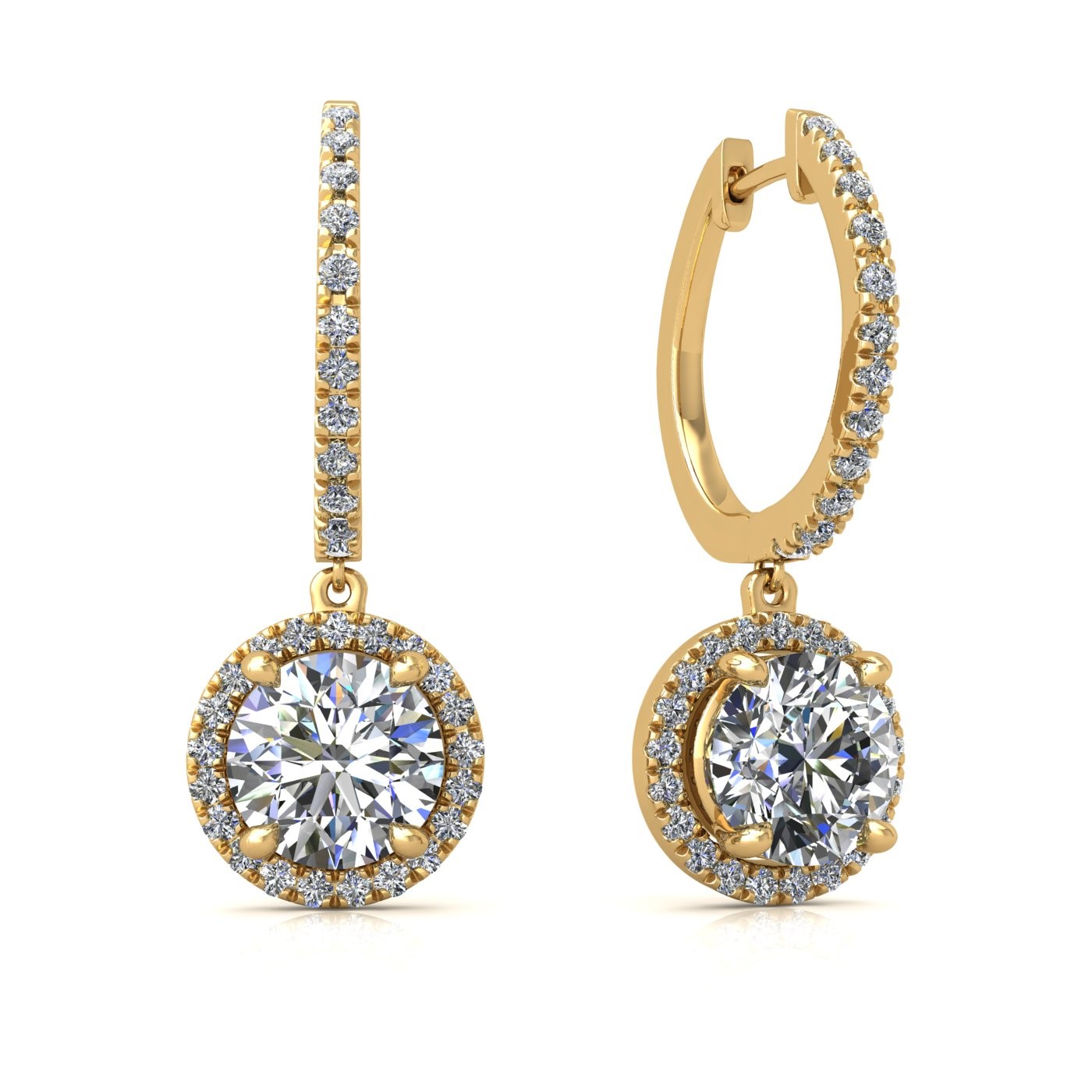 18k yellow gold  0,1 ct  each (0,2 tcw) 4 prongs round shape diamond hanging hoop earrings with diamond pavÉ set halo Photos & images
