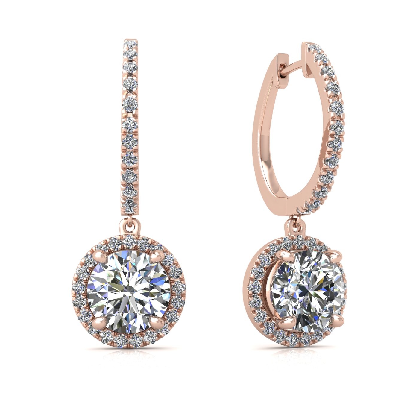 18k rose gold  0,1 ct  each (0,2 tcw) 4 prongs round shape diamond hanging hoop earrings with diamond pavÉ set halo Photos & images