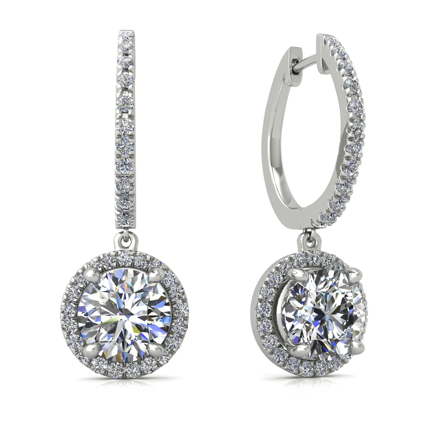 18k white gold  0,1 ct  each (0,2 tcw) 4 prongs round shape diamond hanging hoop earrings with diamond pavÉ set halo Photos & images