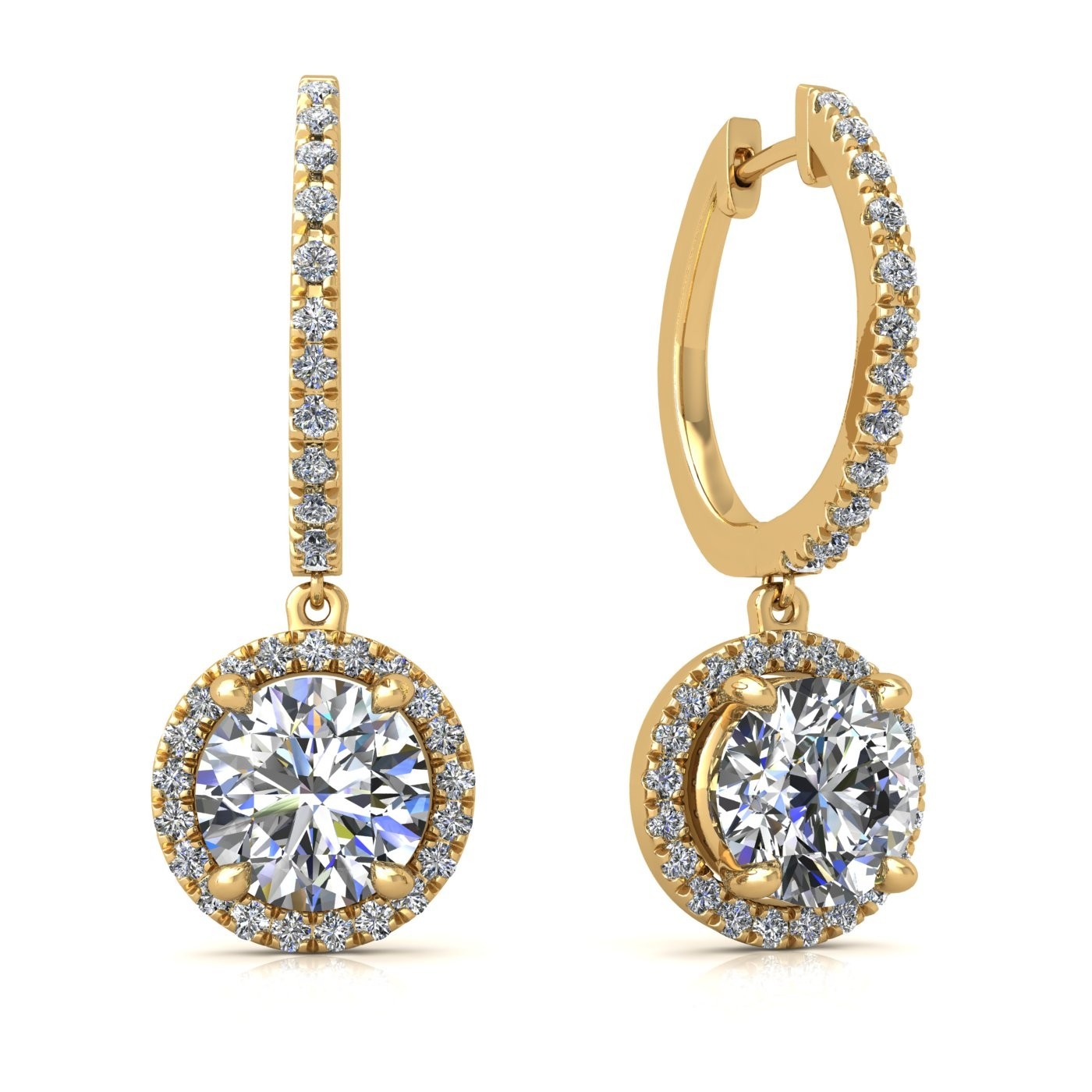 18k yellow gold  1 ct each (2,0 tcw) 4 prongs round shape diamond hanging hoop earrings with diamond pavÉ set halo