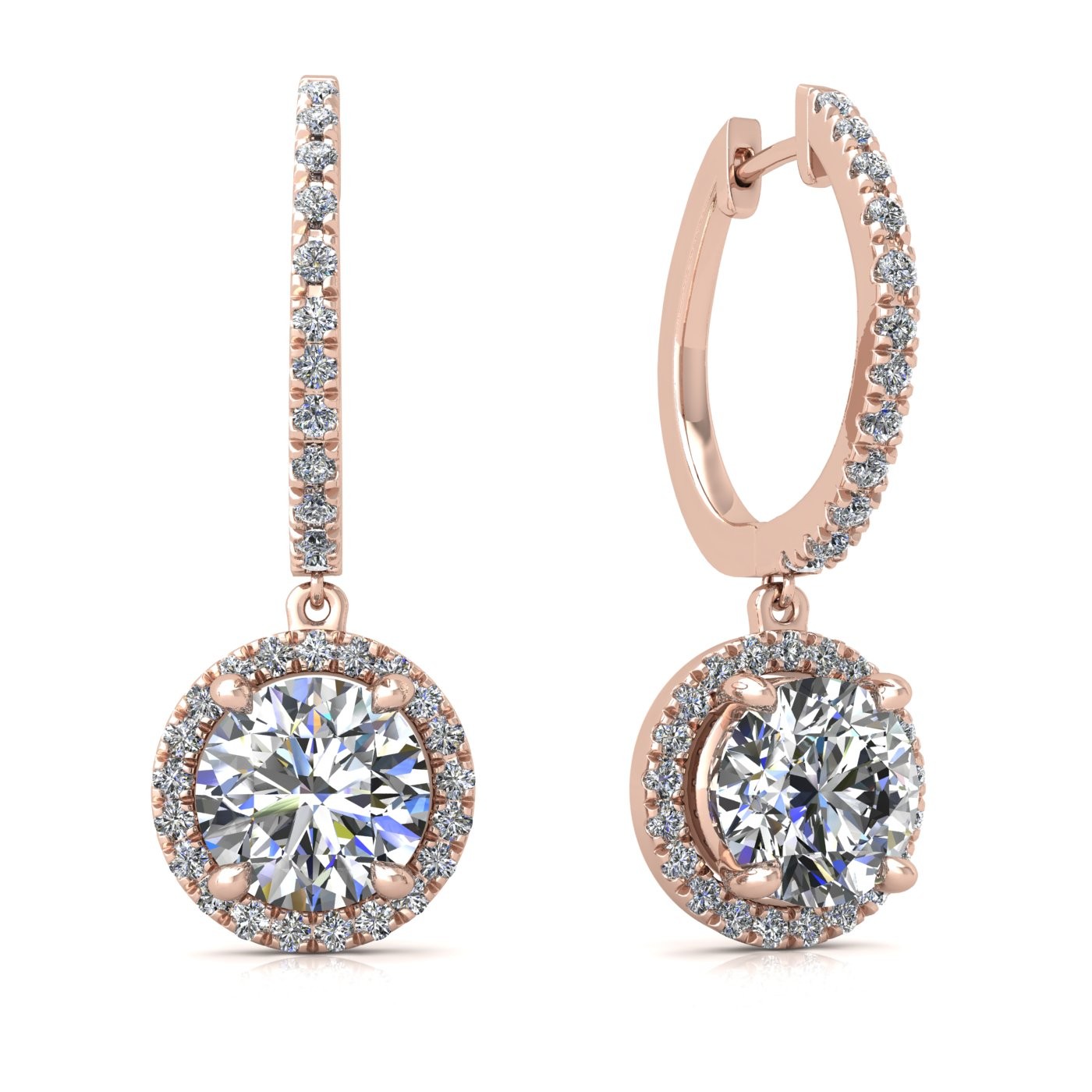 18k rose gold  0,1 ct  each (0,2 tcw) 4 prongs round shape diamond hanging hoop earrings with diamond pavÉ set halo Photos & images