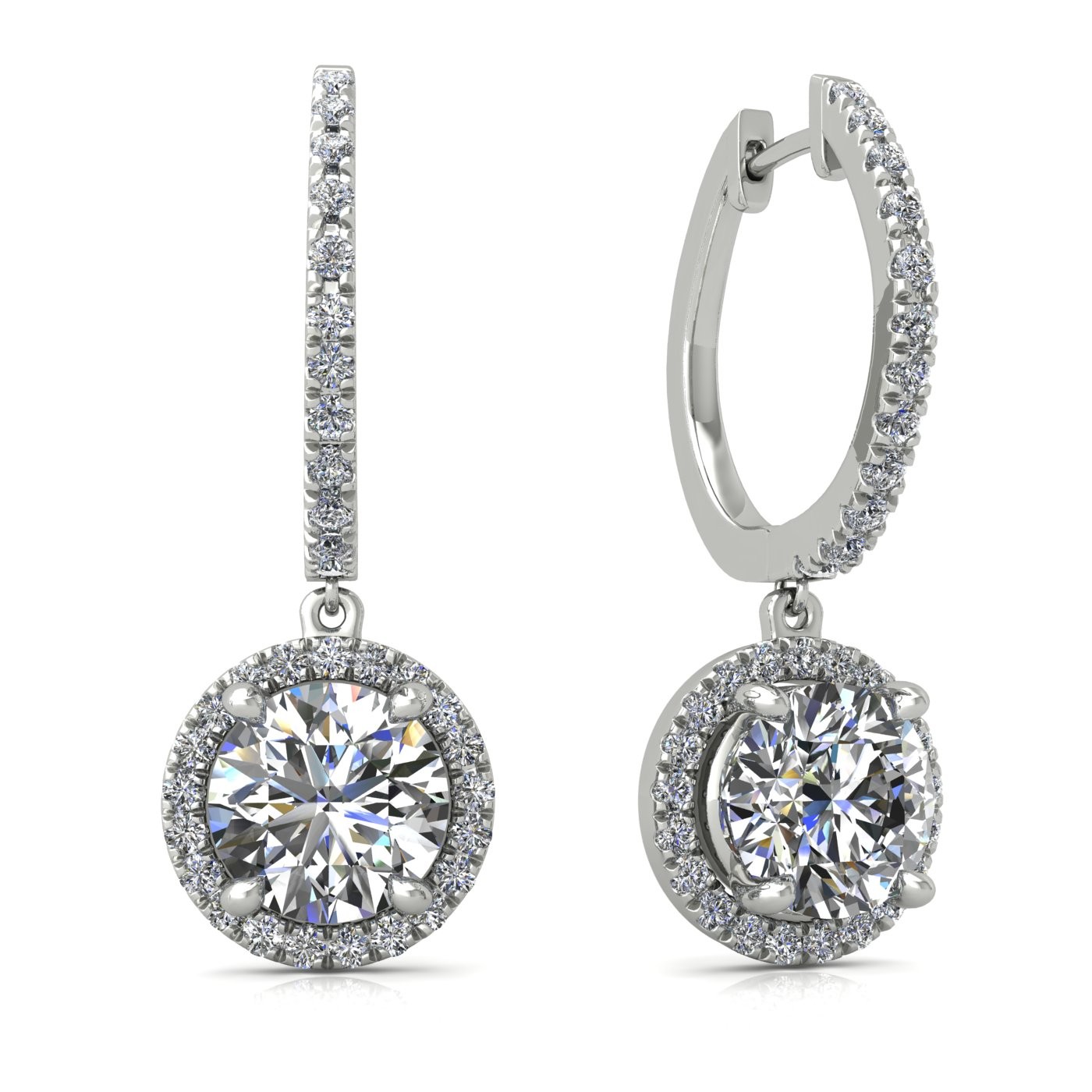 18k white gold  0,1 ct  each (0,2 tcw) 4 prongs round shape diamond hanging hoop earrings with diamond pavÉ set halo Photos & images