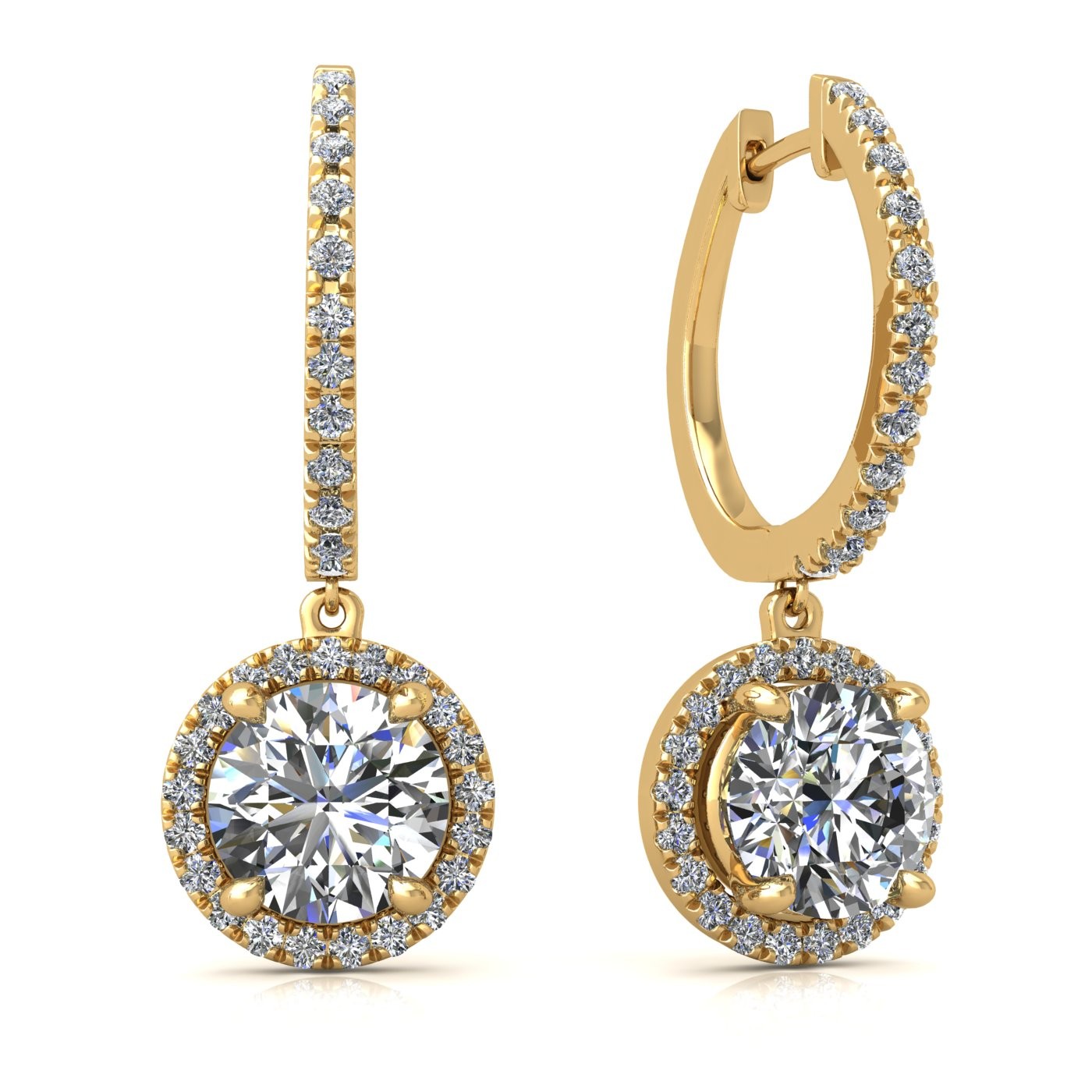 18k yellow gold  0,1 ct  each (0,2 tcw) 4 prongs round shape diamond hanging hoop earrings with diamond pavÉ set halo Photos & images