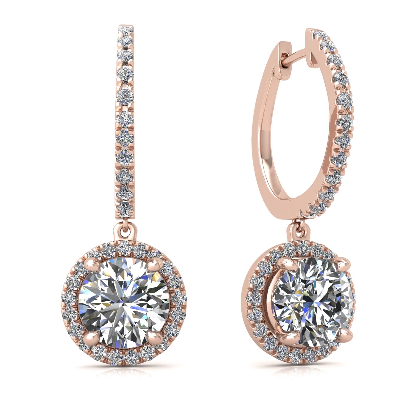 18k rose gold  0,1 ct  each (0,2 tcw) 4 prongs round shape diamond hanging hoop earrings with diamond pavÉ set halo Photos & images
