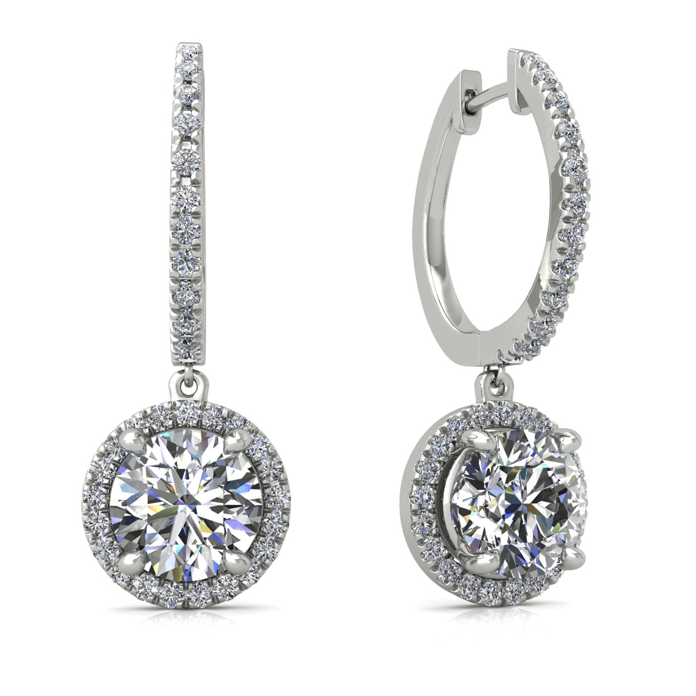 18k white gold  0,1 ct  each (0,2 tcw) 4 prongs round shape diamond hanging hoop earrings with diamond pavÉ set halo Photos & images