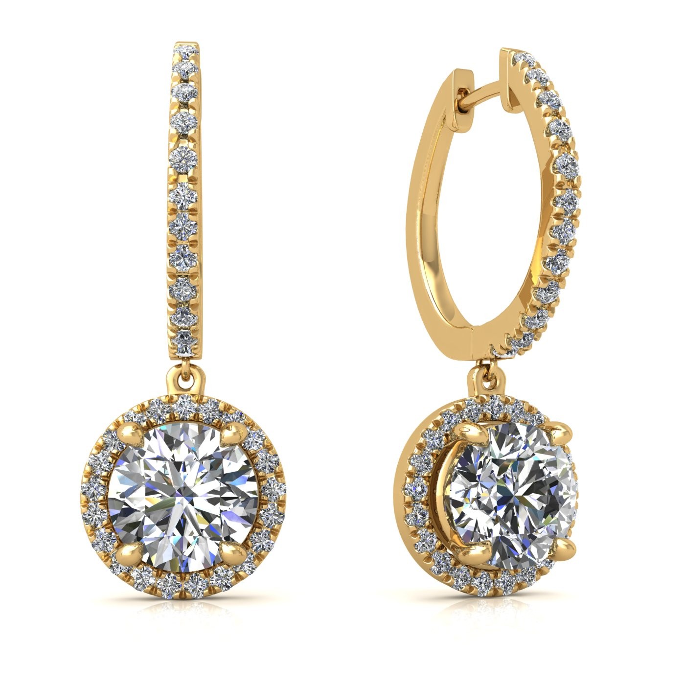18k yellow gold  0,1 ct  each (0,2 tcw) 4 prongs round shape diamond hanging hoop earrings with diamond pavÉ set halo Photos & images