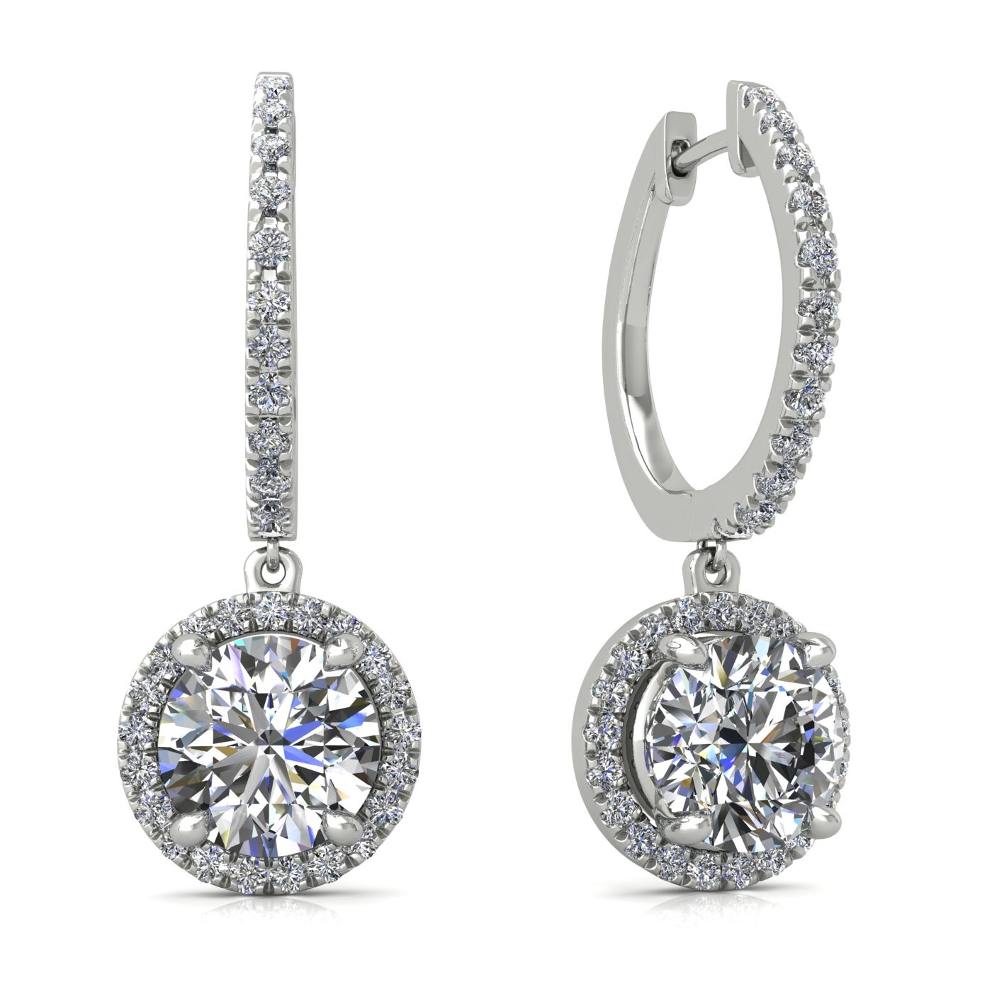 18k white gold  0,1 ct  each (0,2 tcw) 4 prongs round shape diamond hanging hoop earrings with diamond pavÉ set halo Photos & images
