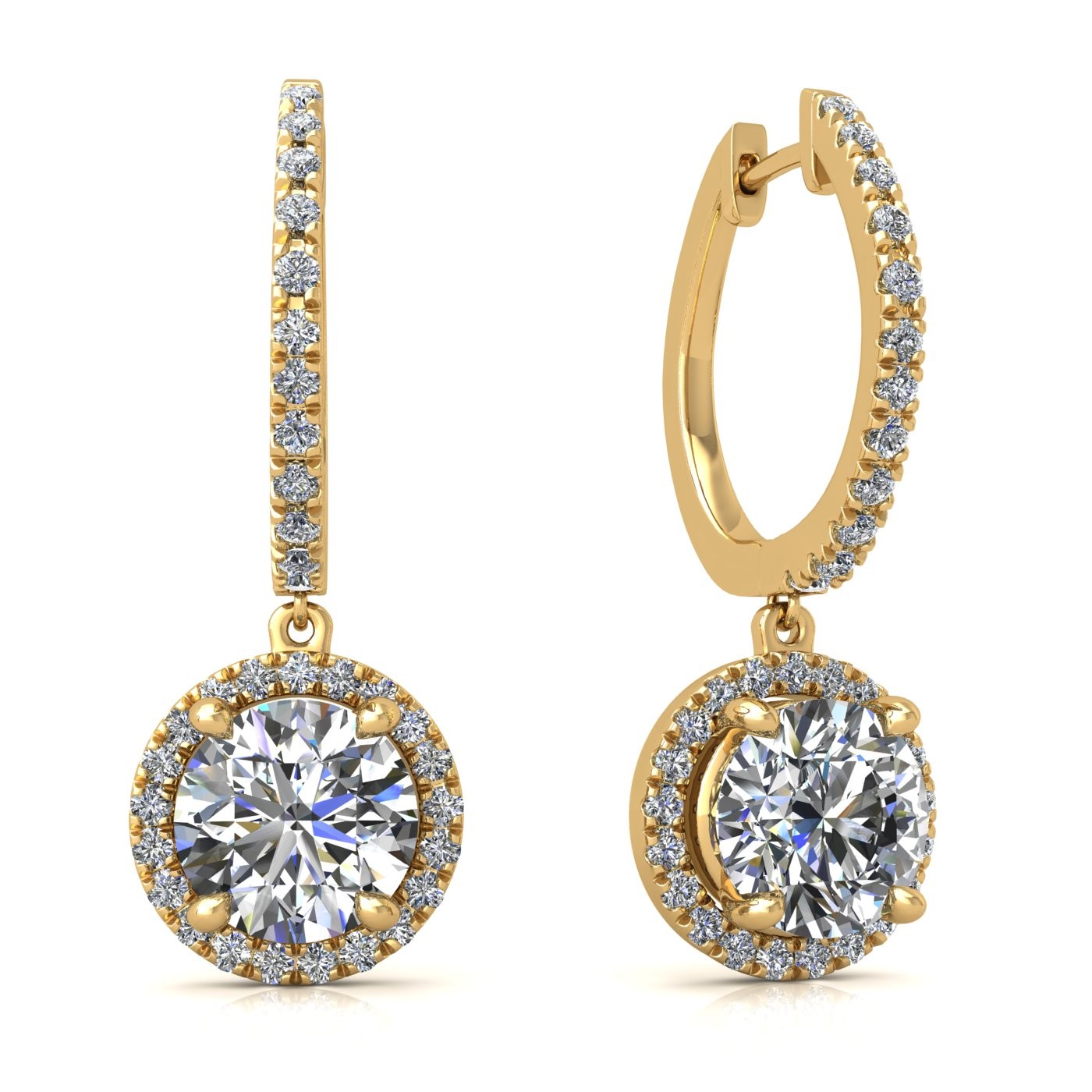 18k yellow gold  0,1 ct  each (0,2 tcw) 4 prongs round shape diamond hanging hoop earrings with diamond pavÉ set halo Photos & images
