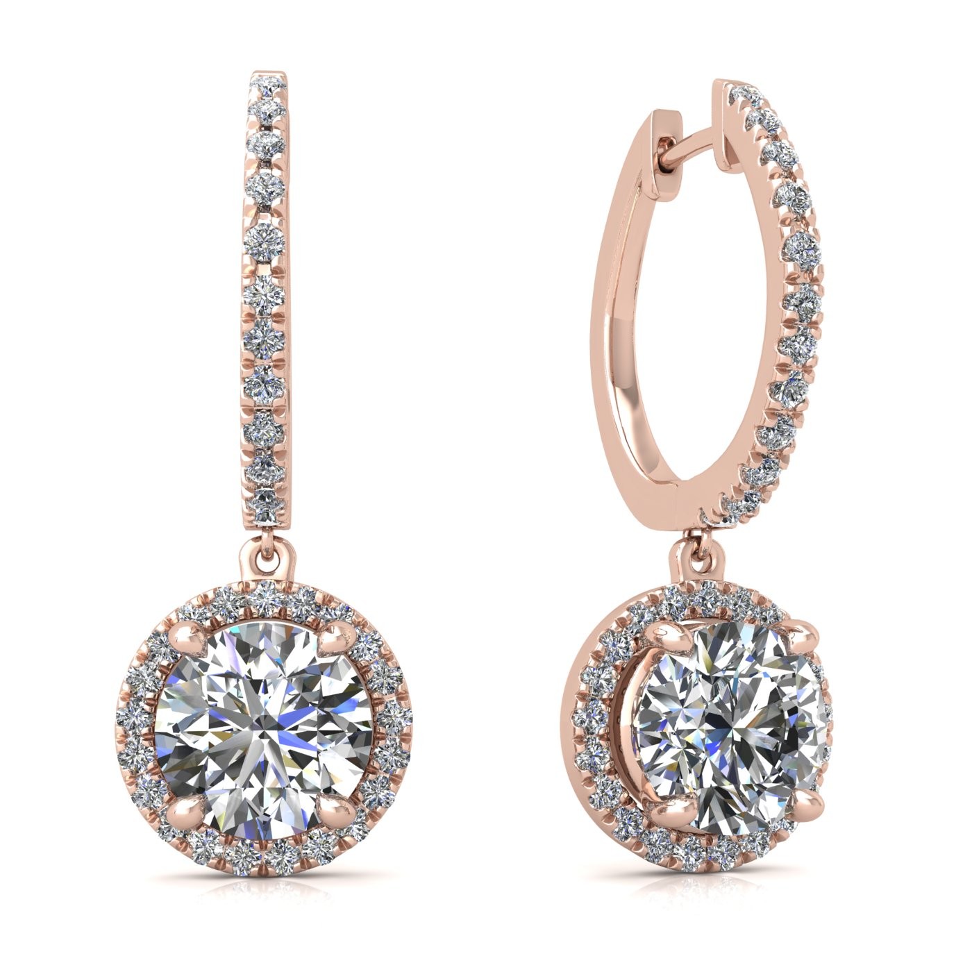 18k rose gold  0,1 ct  each (0,2 tcw) 4 prongs round shape diamond hanging hoop earrings with diamond pavÉ set halo Photos & images