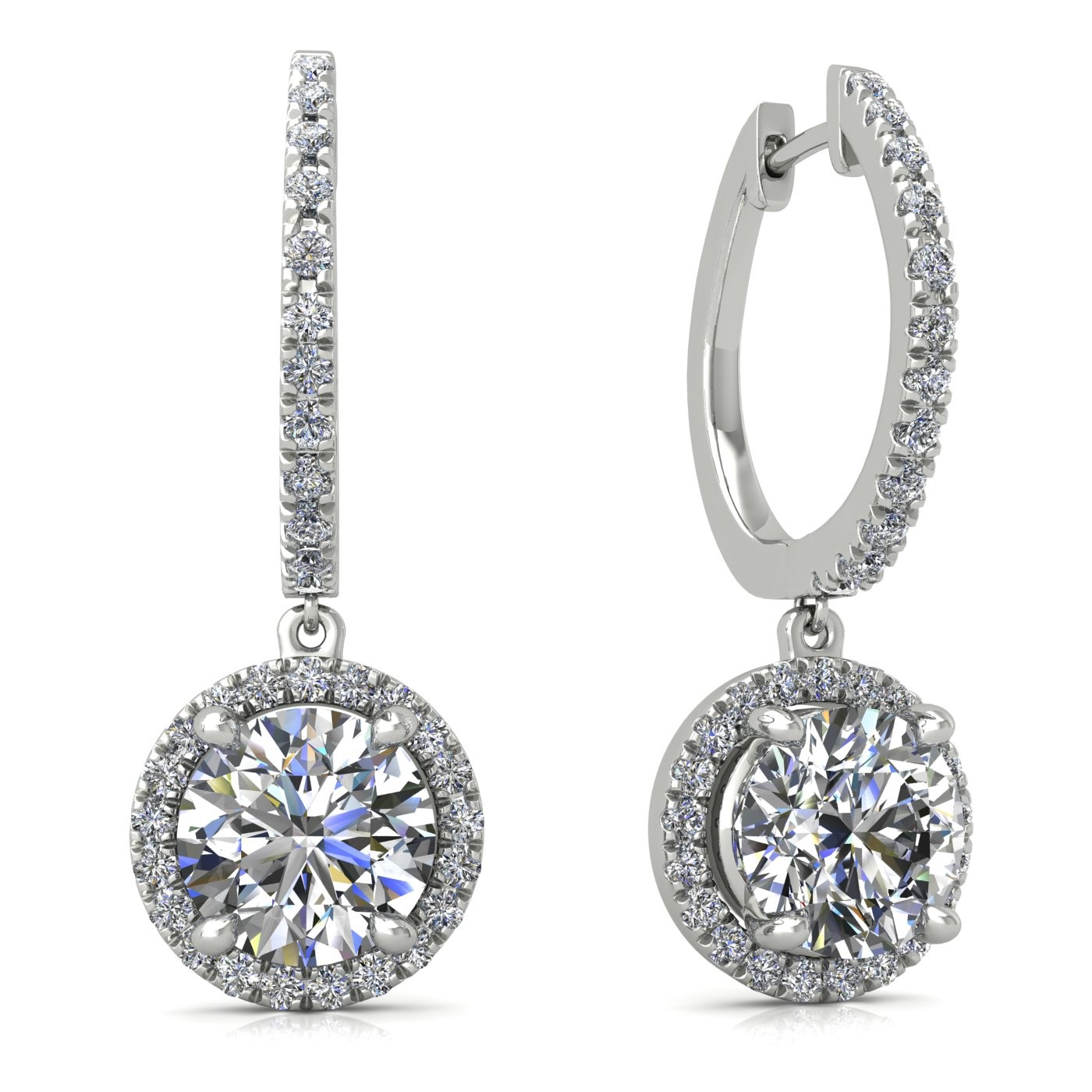 18k white gold  0,1 ct  each (0,2 tcw) 4 prongs round shape diamond hanging hoop earrings with diamond pavÉ set halo Photos & images