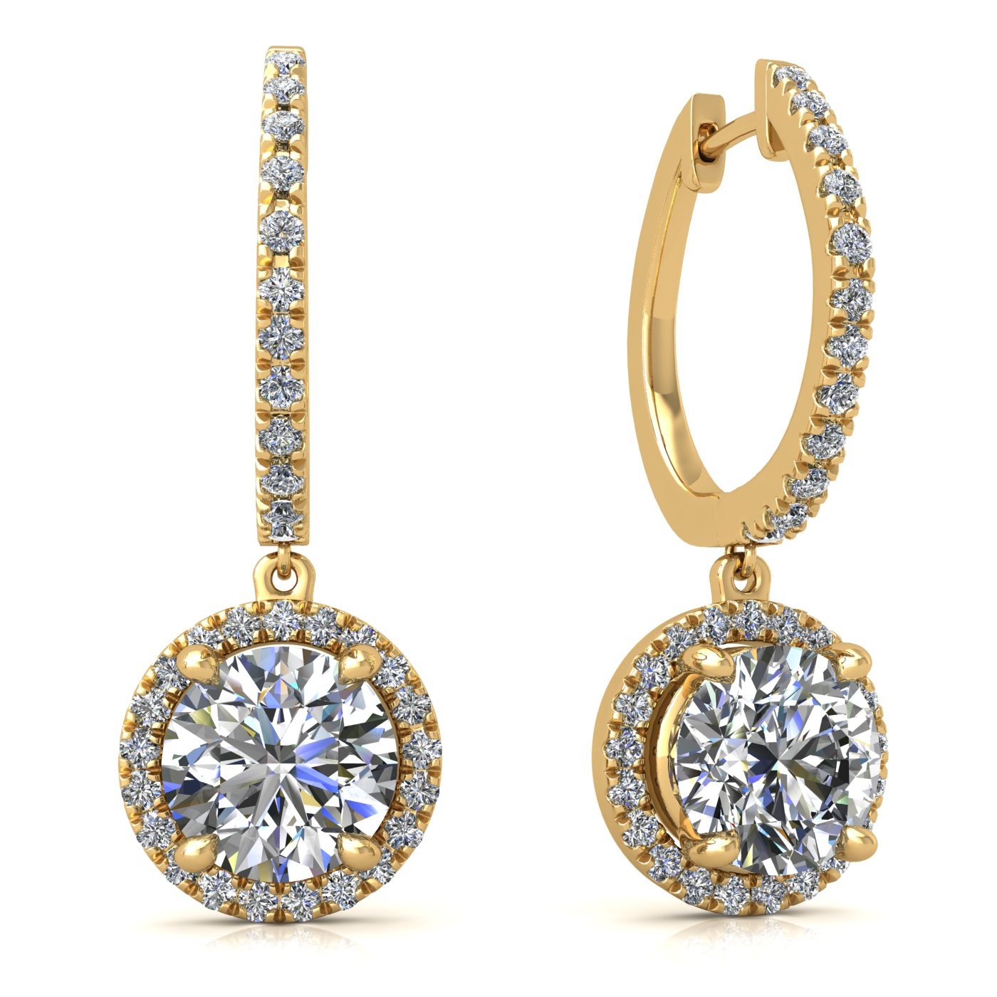 18k yellow gold  0,1 ct  each (0,2 tcw) 4 prongs round shape diamond hanging hoop earrings with diamond pavÉ set halo Photos & images