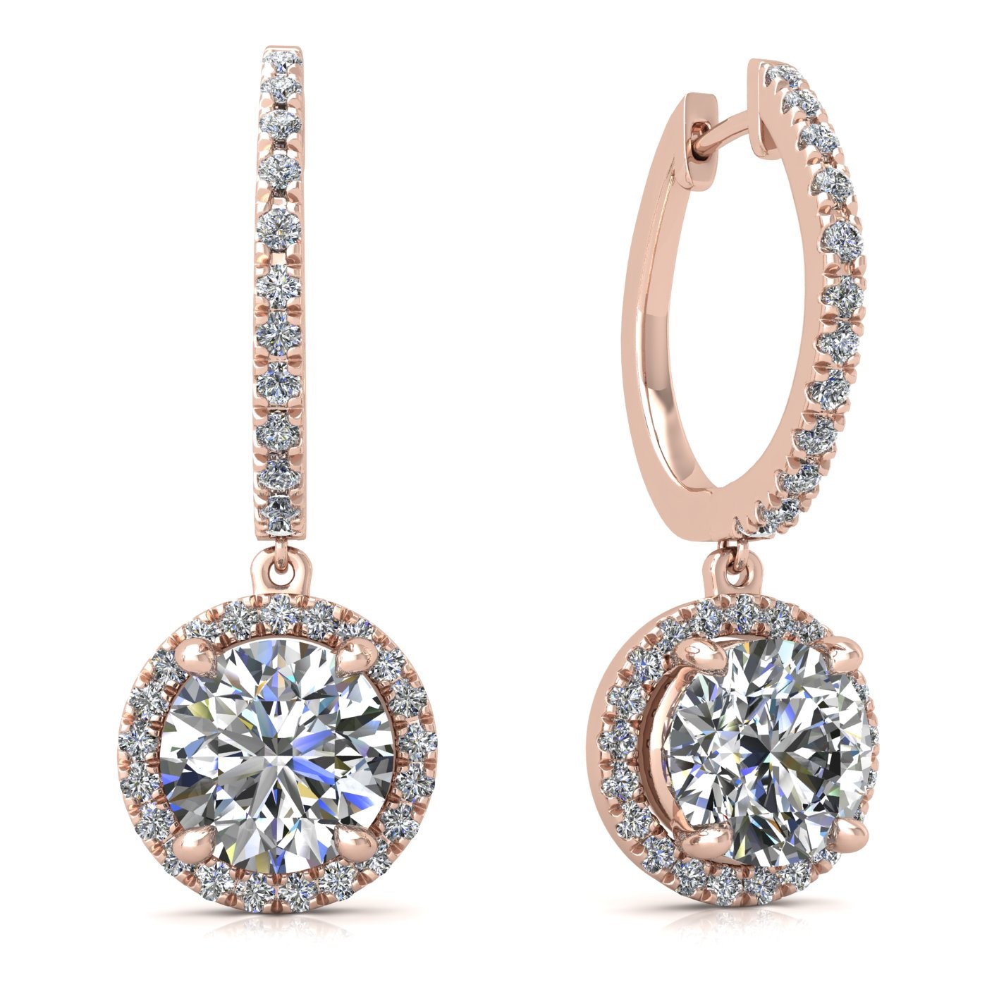 18k rose gold  0,1 ct  each (0,2 tcw) 4 prongs round shape diamond hanging hoop earrings with diamond pavÉ set halo Photos & images