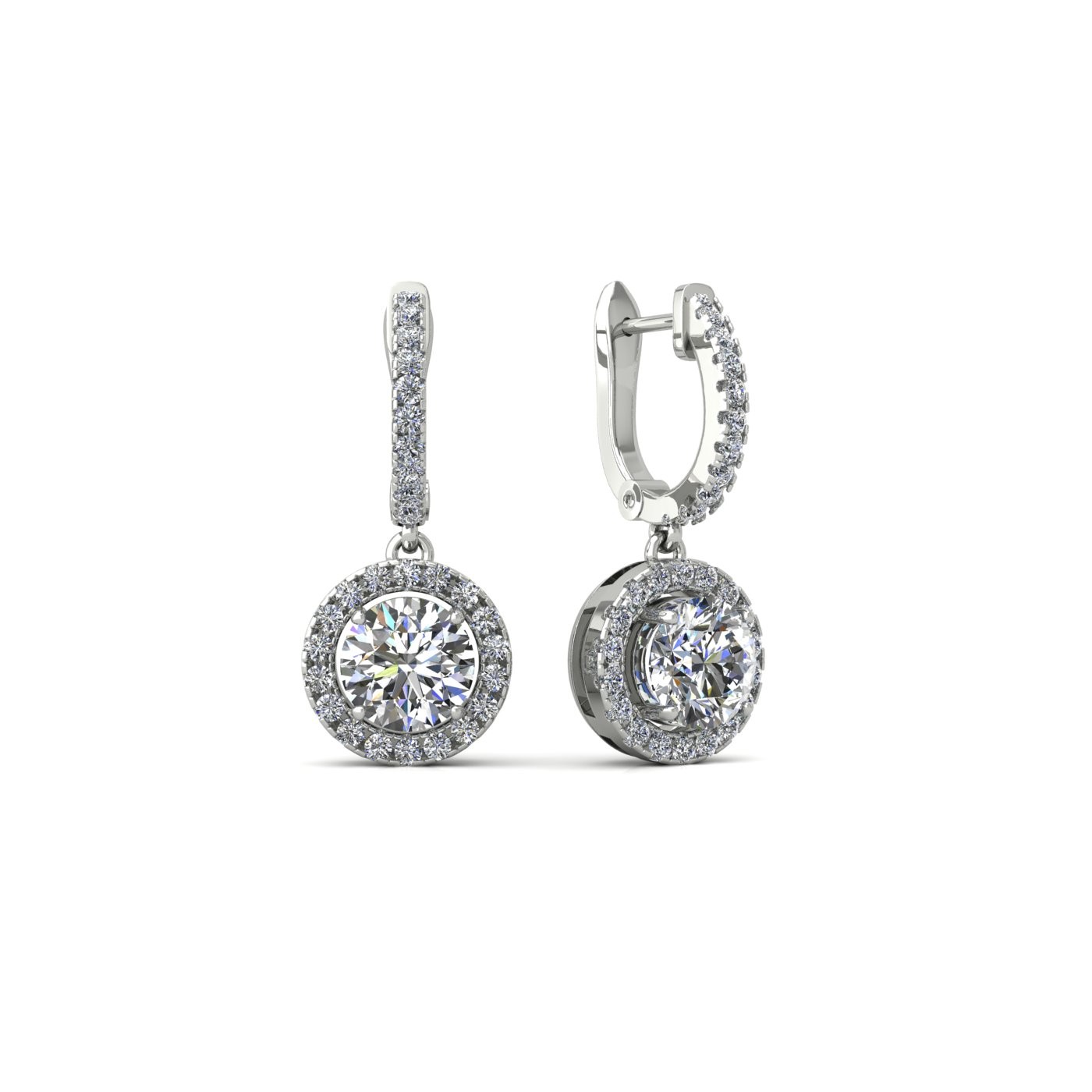 round brilliant cut diamond hanging hoop earrings with diamond halo
