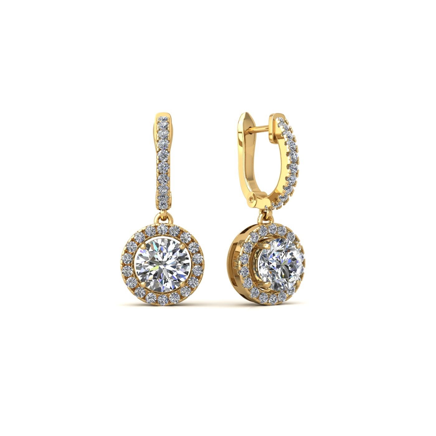 18k rose gold  0,1 ct each (0,2 tcw) round brilliant cut diamond hanging hoop earrings with diamond halo Photos & images