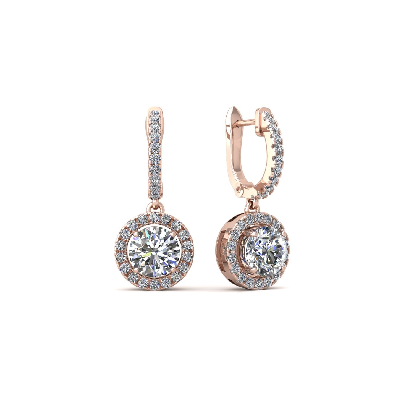 18K ROSE GOLD  0,1 CT EACH (0,2 TCW) ROUND BRILLIANT CUT DIAMOND HANGING HOOP EARRINGS WITH DIAMOND HALO
