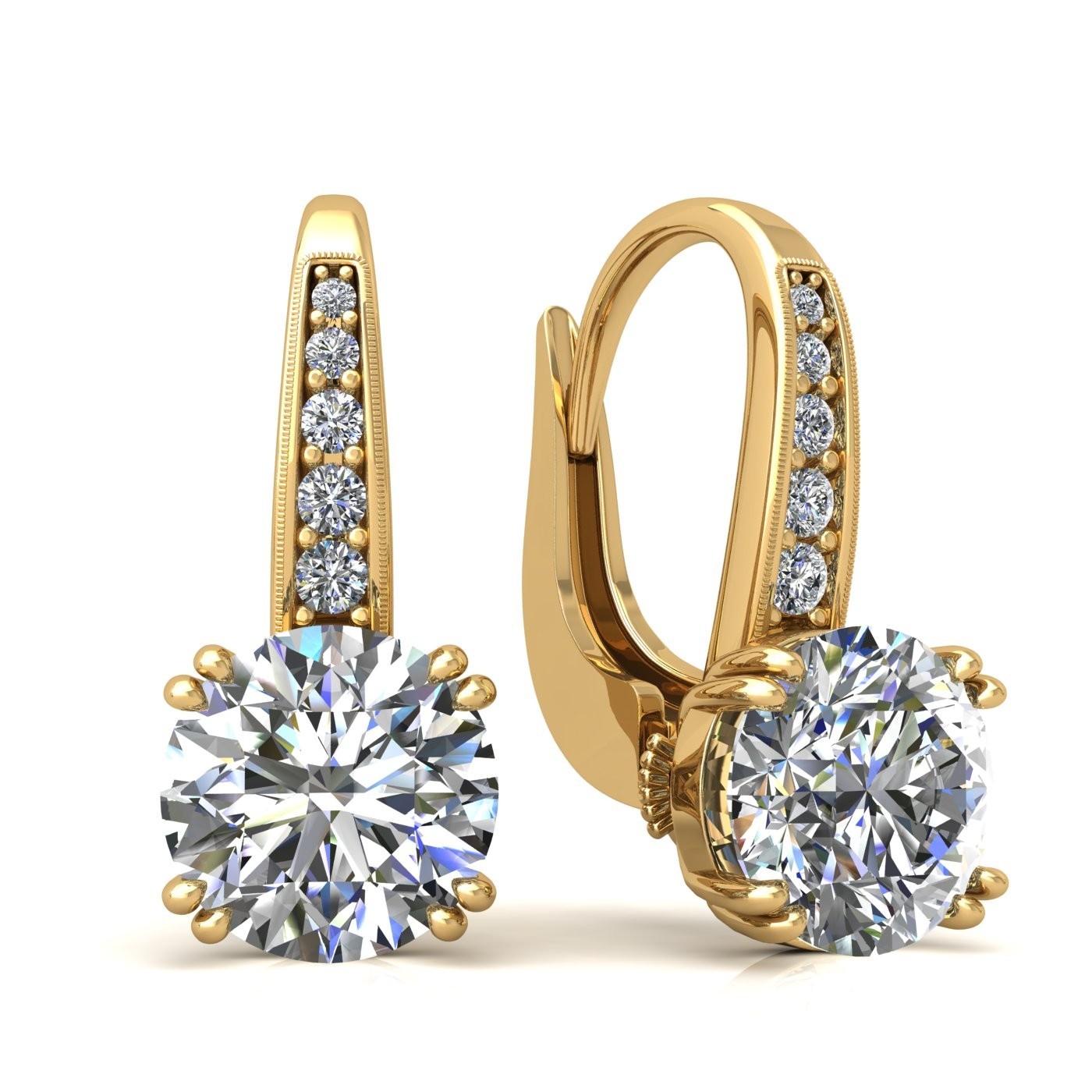 18k yellow gold 1 ct each (2 ct tcw) 8 prongs round shape leverback diamond earrings