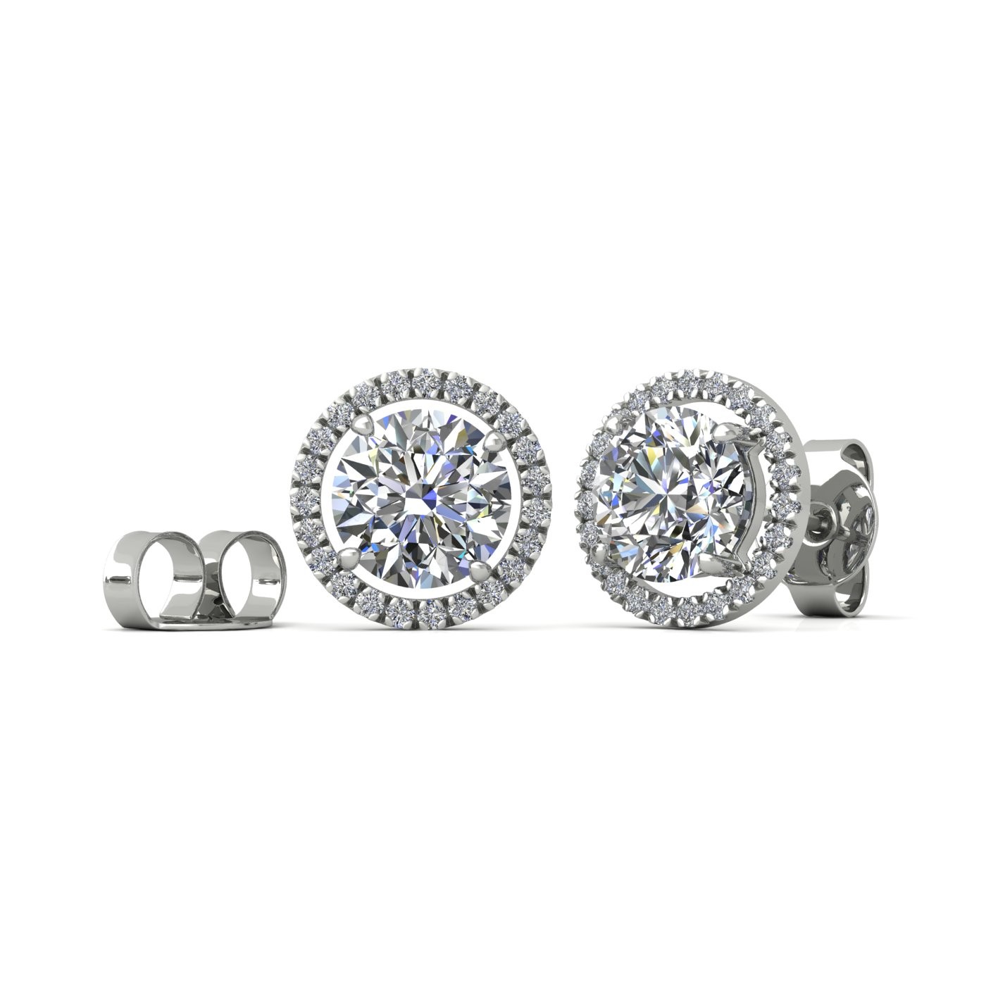 18k white gold  0,3 ct each (0,6 tcw) 4 prongs round brilliant cut halo diamond earring studs Photos & images