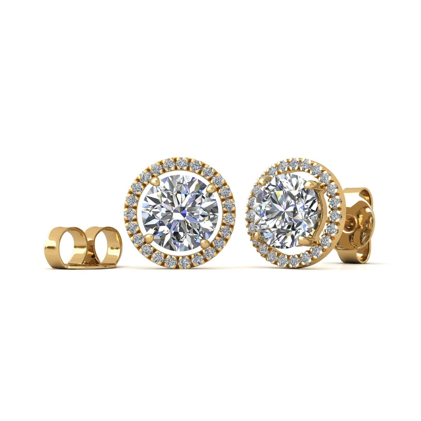 18k yellow gold  0,3 ct each (0,6 tcw) 4 prongs round brilliant cut halo diamond earring studs Photos & images
