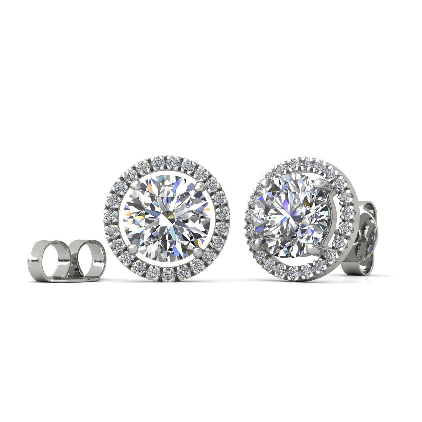18k white gold  0,3 ct each (0,6 tcw) 4 prongs round brilliant cut halo diamond earring studs Photos & images