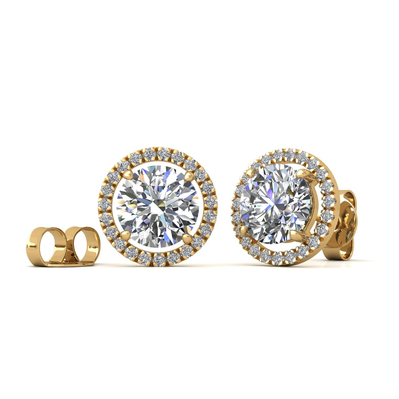 18k yellow gold  0,3 ct each (0,6 tcw) 4 prongs round brilliant cut halo diamond earring studs Photos & images