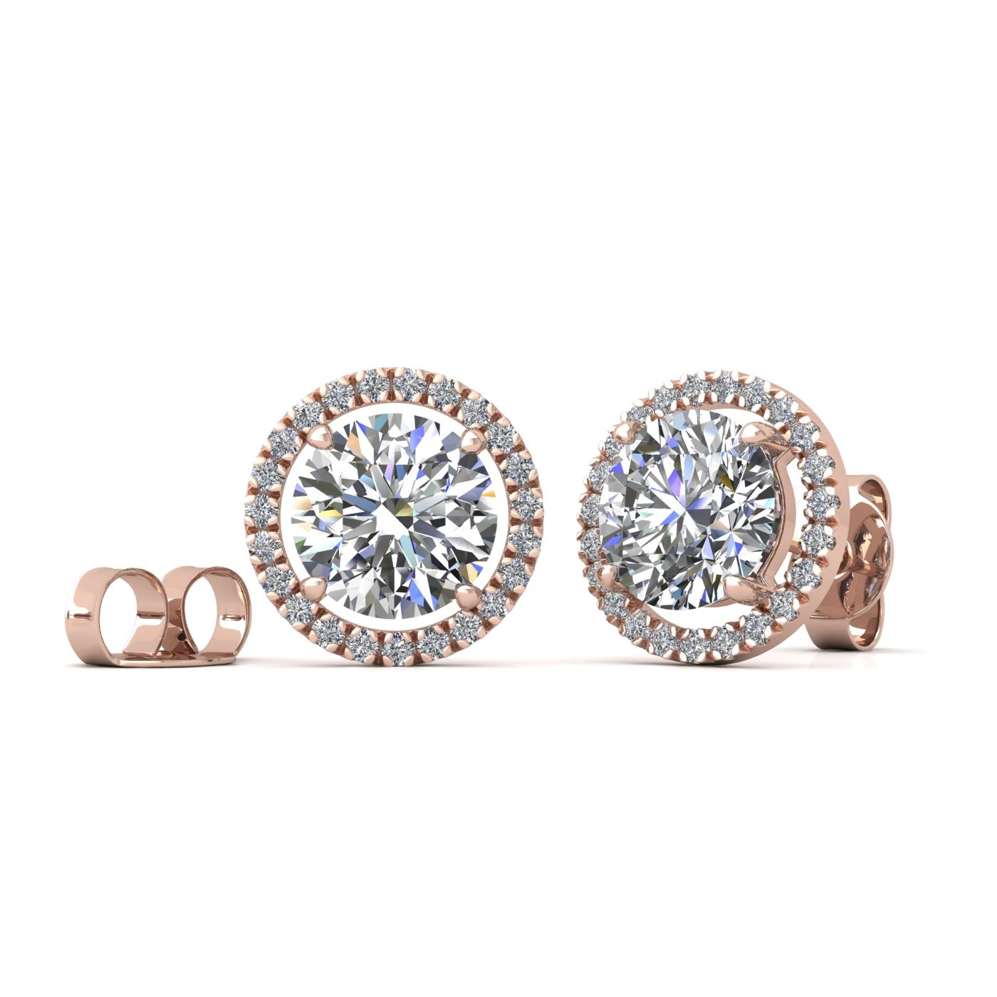 18k rose gold  0,3 ct each (0,6 tcw) 4 prongs round brilliant cut halo diamond earring studs Photos & images