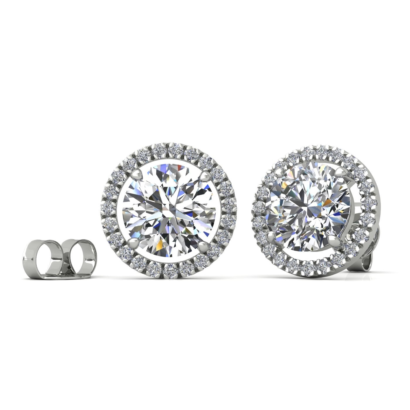 18k white gold 1 ct each (2 tcw) 4 prongs round brilliant cut halo diamond earring studs