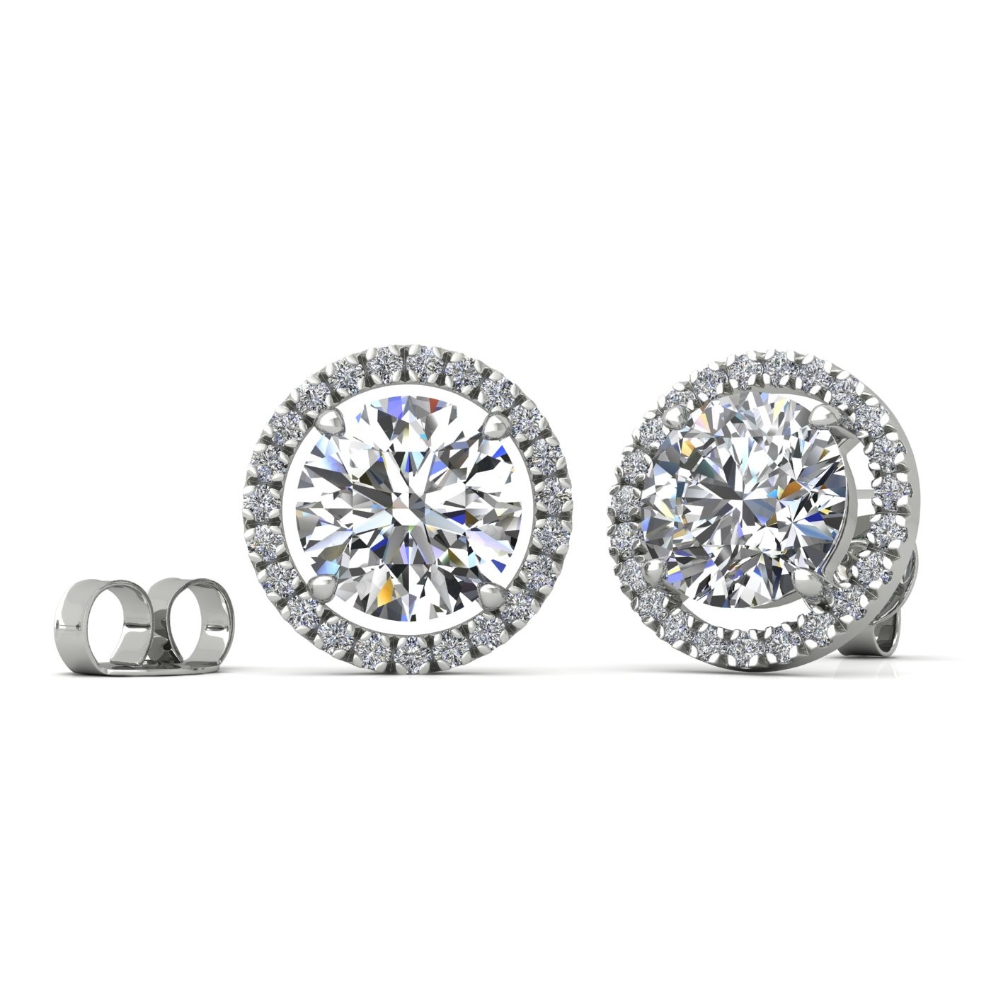 18k white gold  0,3 ct each (0,6 tcw) 4 prongs round brilliant cut halo diamond earring studs Photos & images