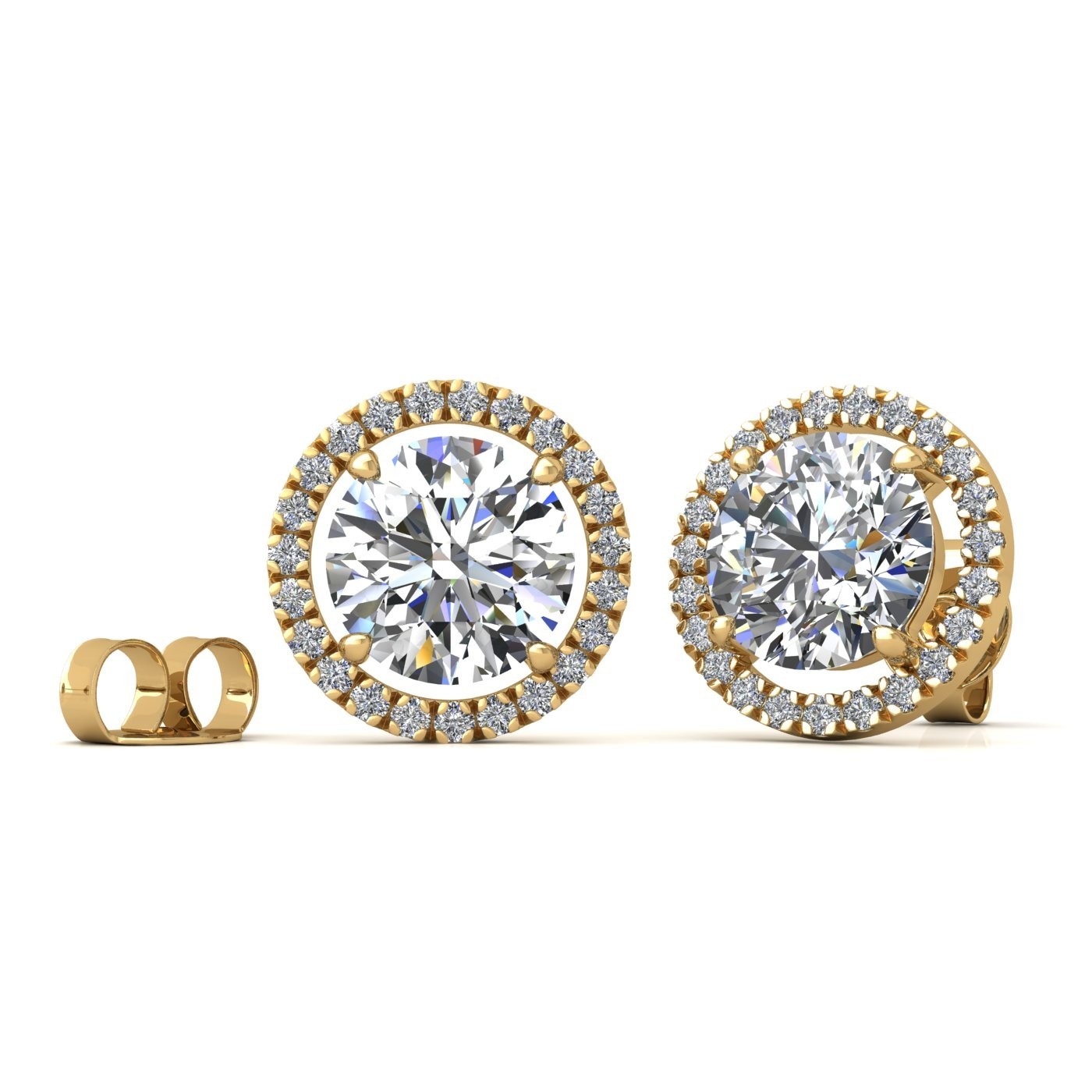 18k yellow gold 1 ct each (2 tcw) 4 prongs round brilliant cut halo diamond earring studs