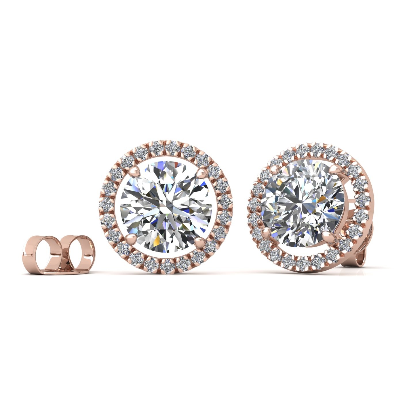 18k rose gold  0,3 ct each (0,6 tcw) 4 prongs round brilliant cut halo diamond earring studs Photos & images