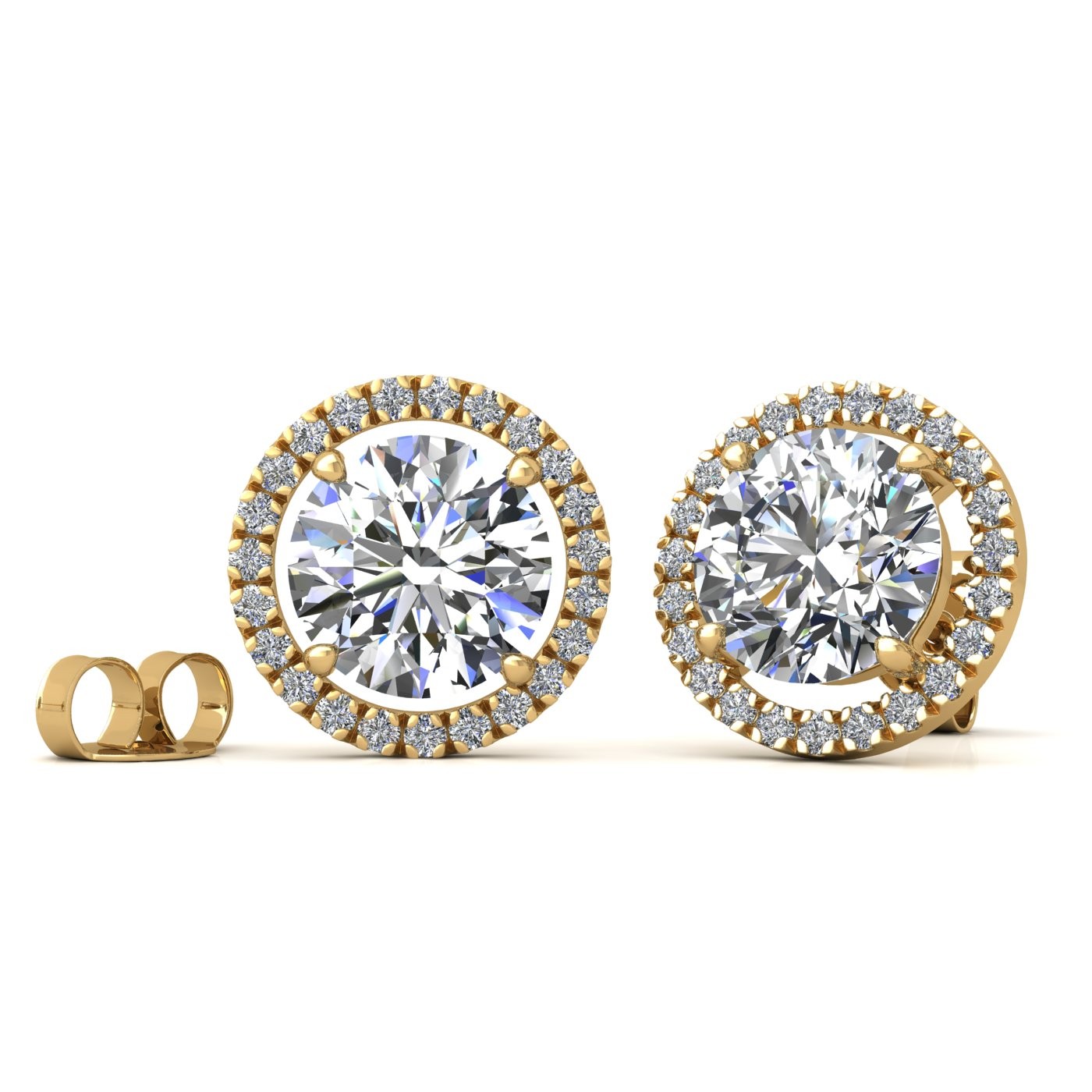 18k yellow gold  0,3 ct each (0,6 tcw) 4 prongs round brilliant cut halo diamond earring studs Photos & images