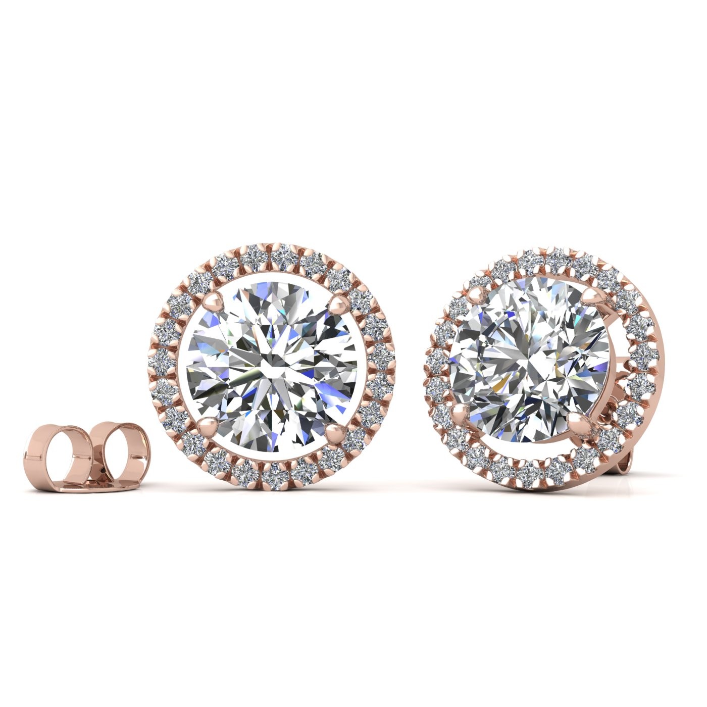 18k rose gold  0,3 ct each (0,6 tcw) 4 prongs round brilliant cut halo diamond earring studs Photos & images