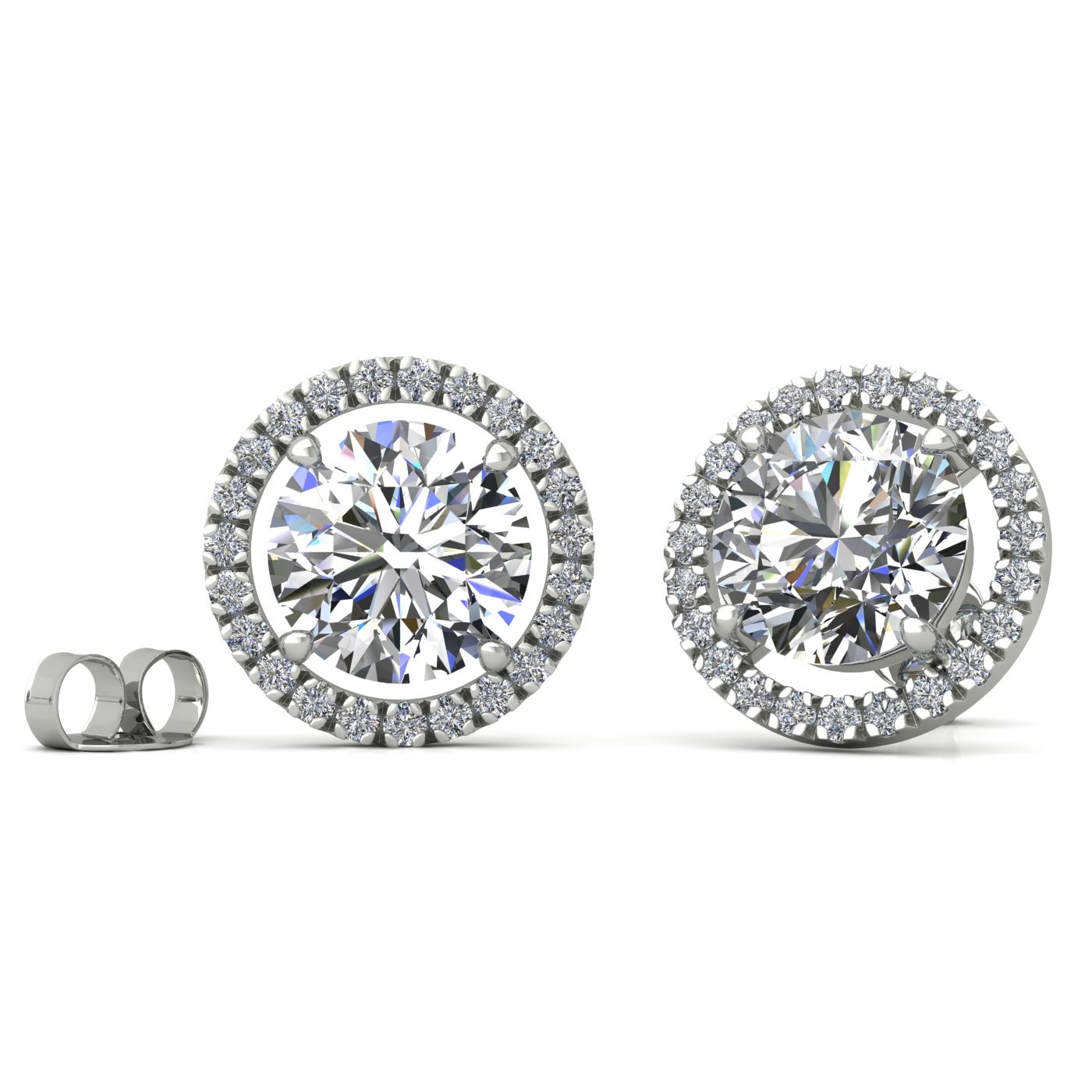 18k white gold  0,3 ct each (0,6 tcw) 4 prongs round brilliant cut halo diamond earring studs Photos & images