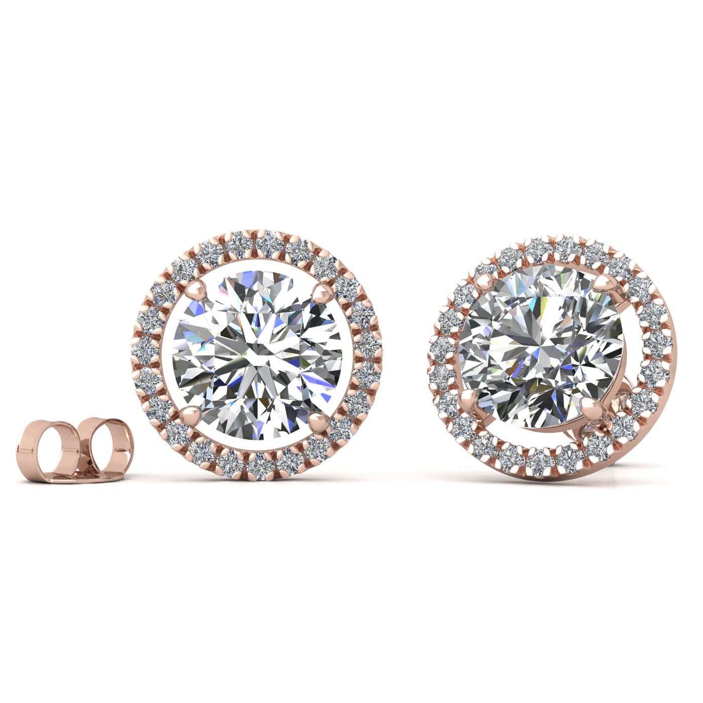 18k rose gold  0,3 ct each (0,6 tcw) 4 prongs round brilliant cut halo diamond earring studs Photos & images