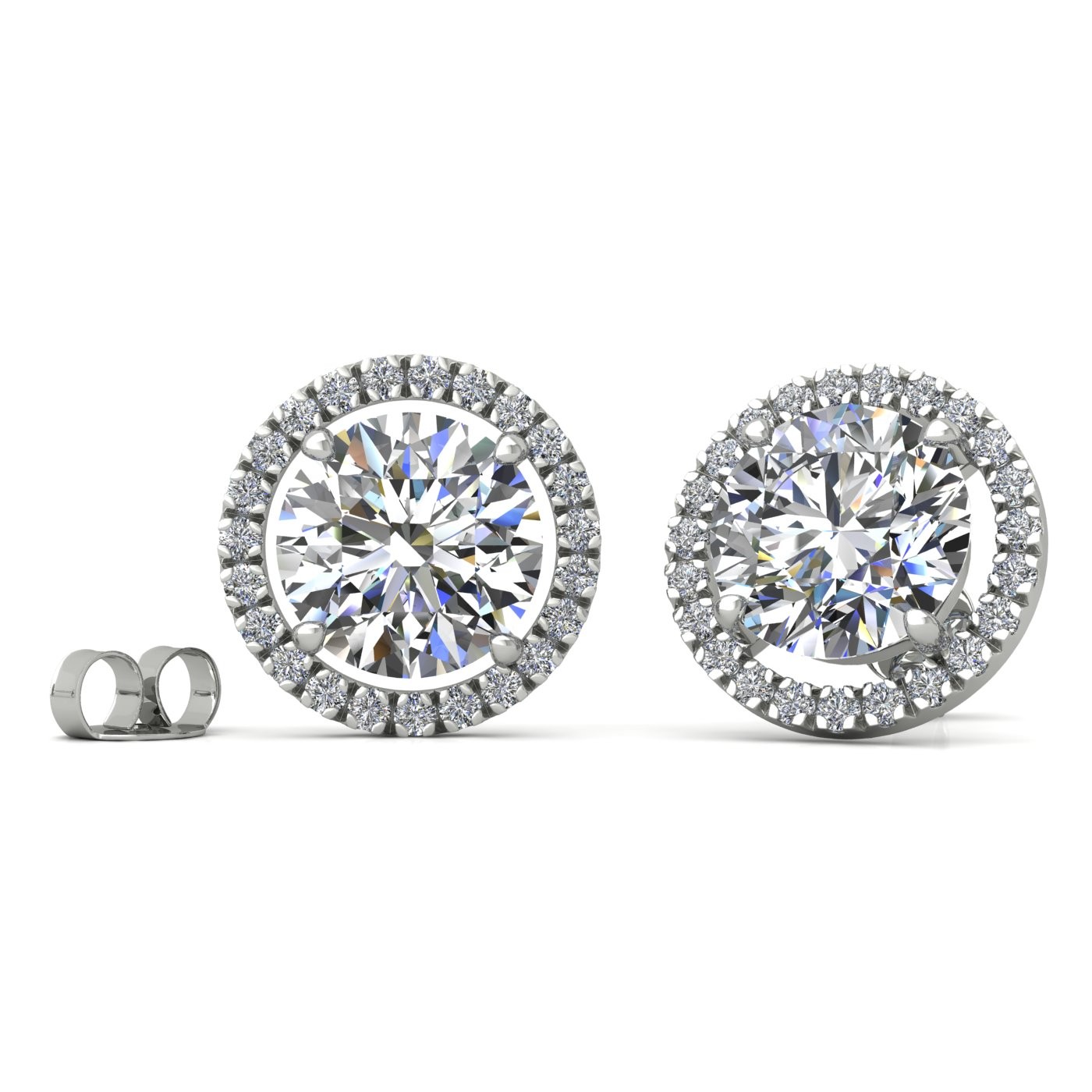 18k white gold  0,3 ct each (0,6 tcw) 4 prongs round brilliant cut halo diamond earring studs Photos & images