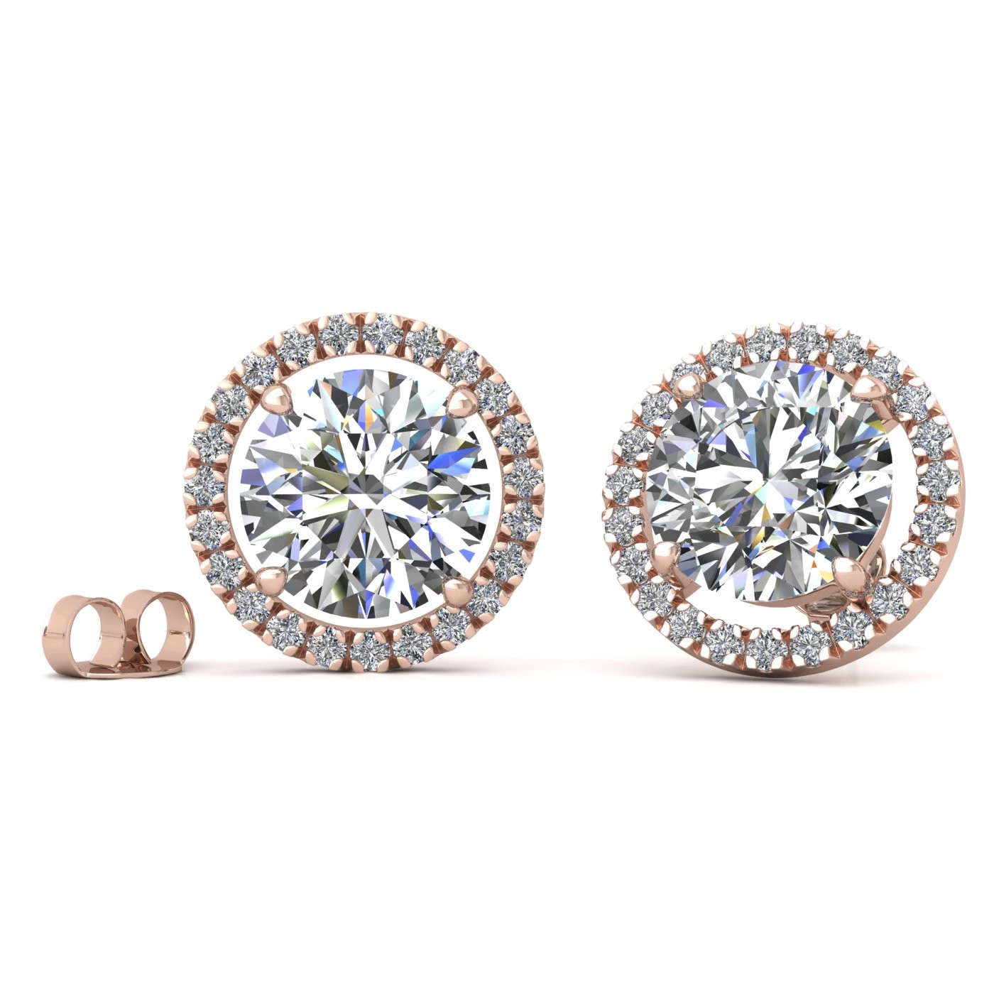 18k rose gold  0,3 ct each (0,6 tcw) 4 prongs round brilliant cut halo diamond earring studs Photos & images