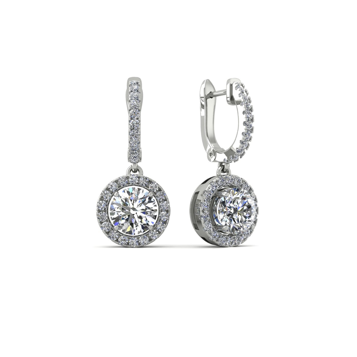 18k white gold  0,1 ct each (0,2 tcw) round brilliant cut diamond hanging hoop earrings with diamond halo Photos & images