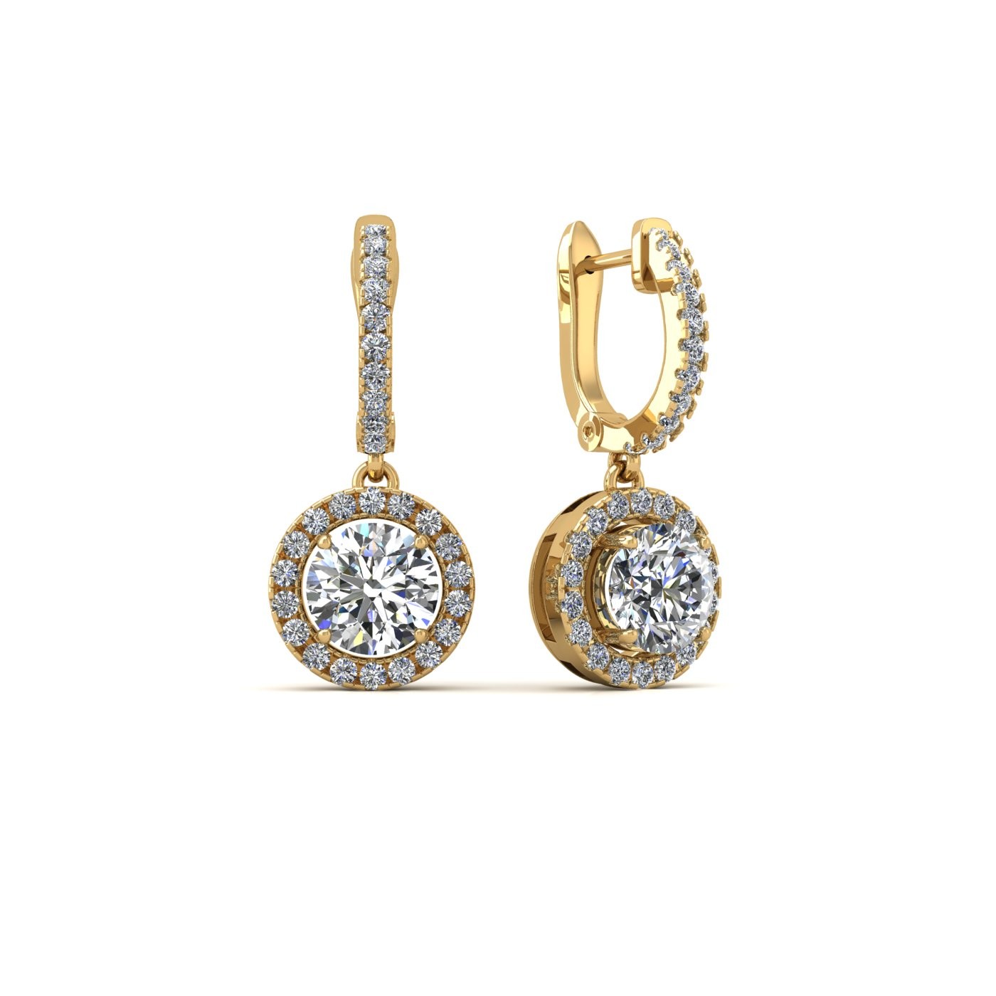 18k yellow gold  0,1 ct each (0,2 tcw) round brilliant cut diamond hanging hoop earrings with diamond halo Photos & images