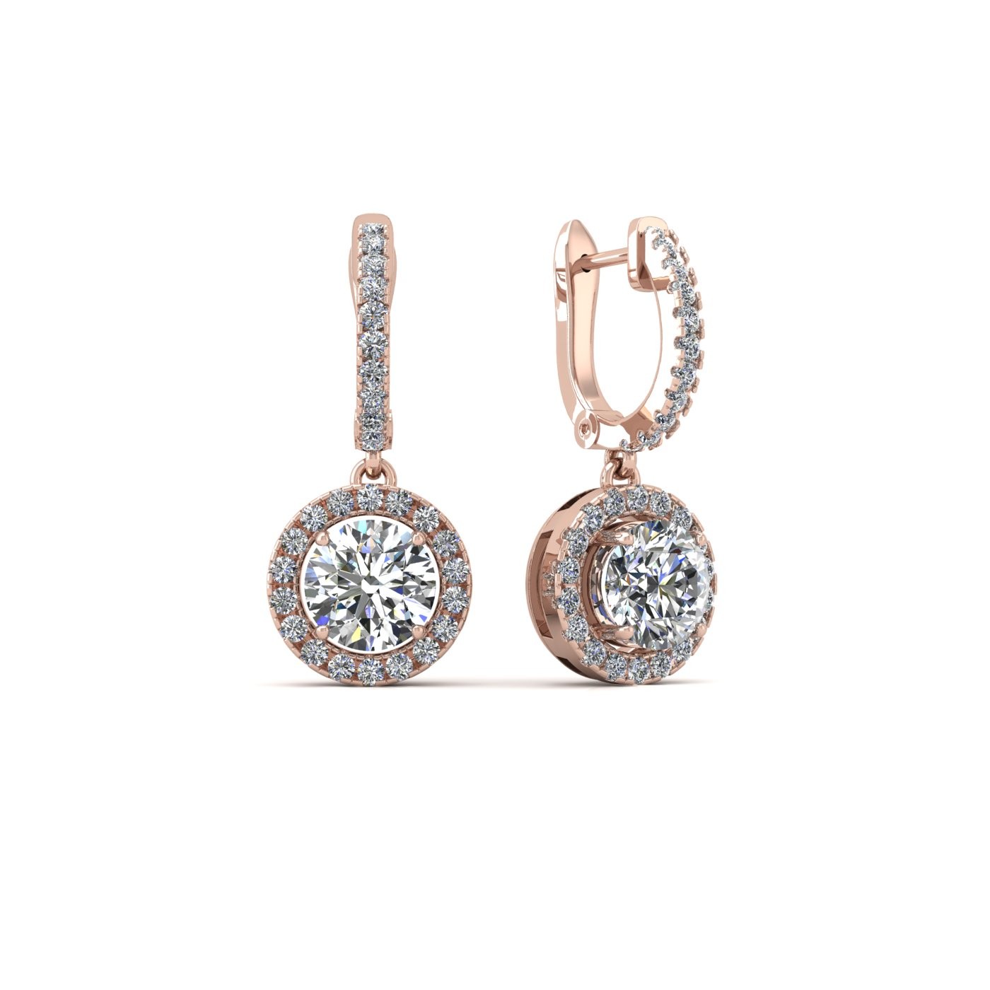 18k rose gold  0,1 ct each (0,2 tcw) round brilliant cut diamond hanging hoop earrings with diamond halo Photos & images