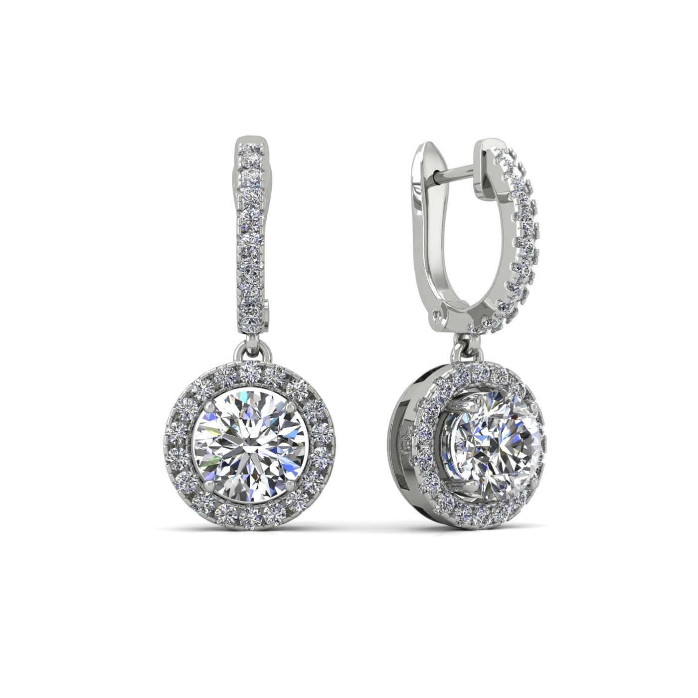 18k white gold  0,1 ct each (0,2 tcw) round brilliant cut diamond hanging hoop earrings with diamond halo Photos & images