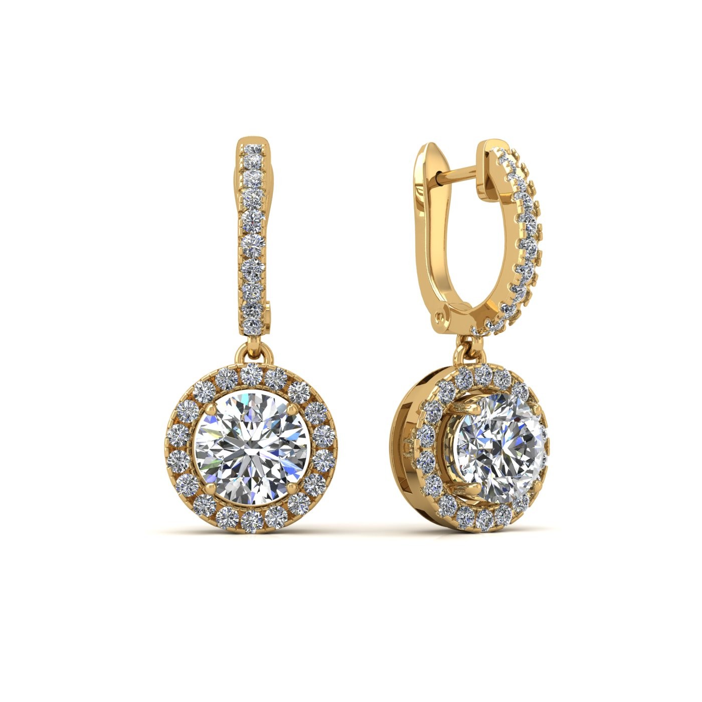 18k yellow gold  0,1 ct each (0,2 tcw) round brilliant cut diamond hanging hoop earrings with diamond halo Photos & images