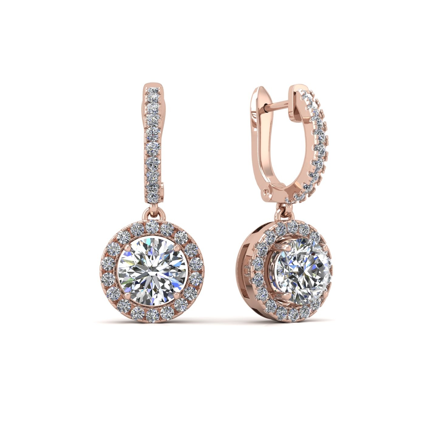 18k rose gold  0,1 ct each (0,2 tcw) round brilliant cut diamond hanging hoop earrings with diamond halo Photos & images
