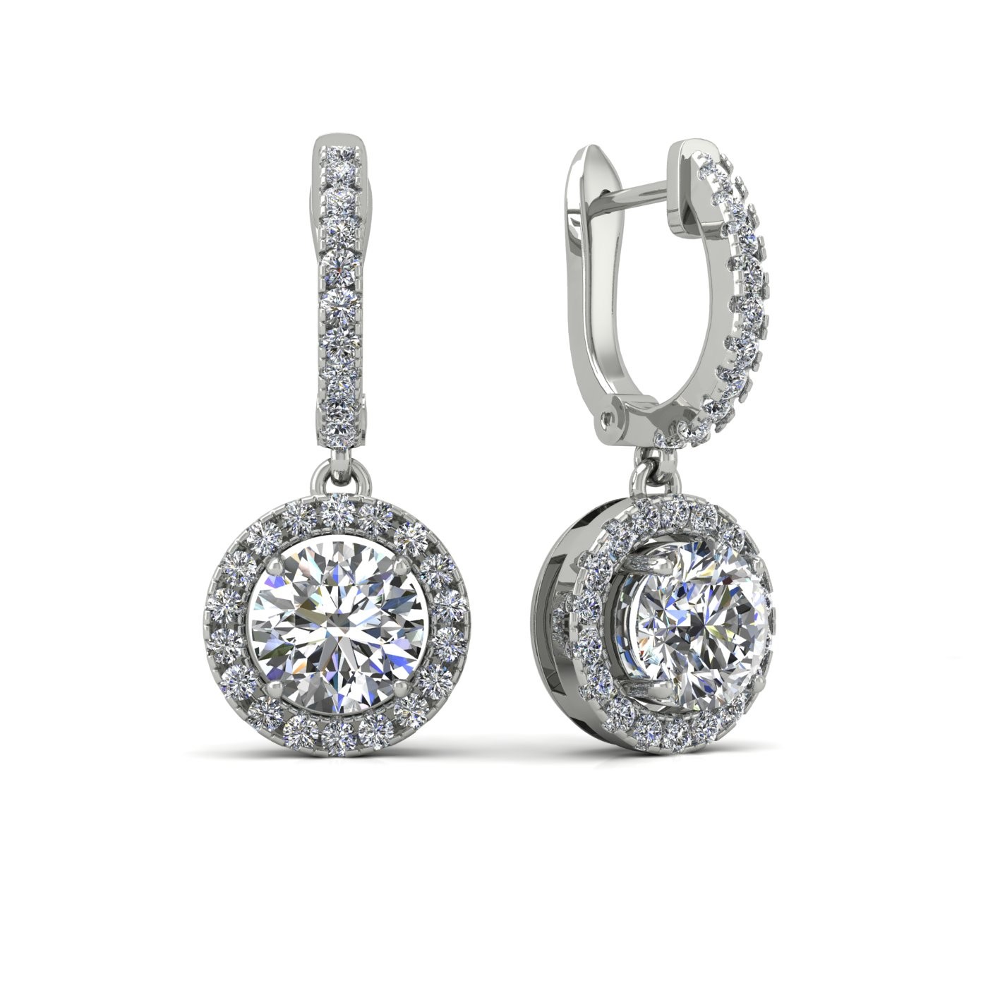 18k white gold  0,1 ct each (0,2 tcw) round brilliant cut diamond hanging hoop earrings with diamond halo Photos & images