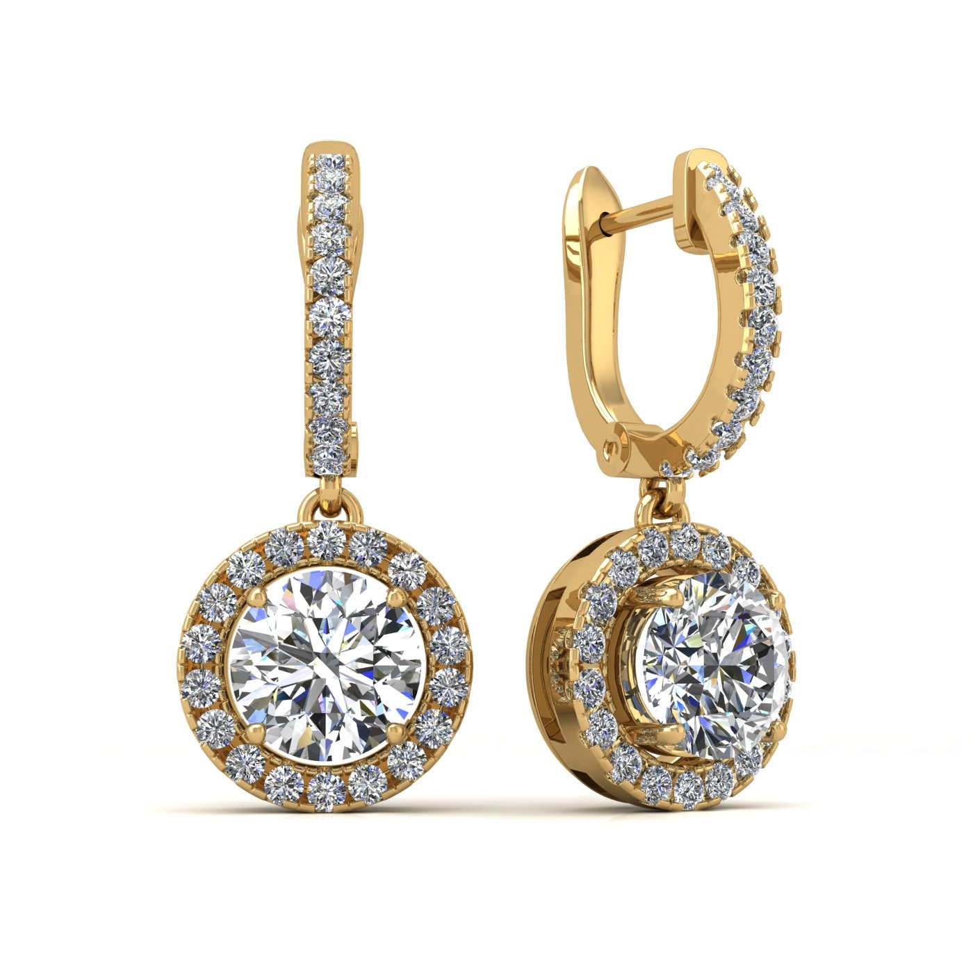 18k yellow gold  0,1 ct each (0,2 tcw) round brilliant cut diamond hanging hoop earrings with diamond halo Photos & images