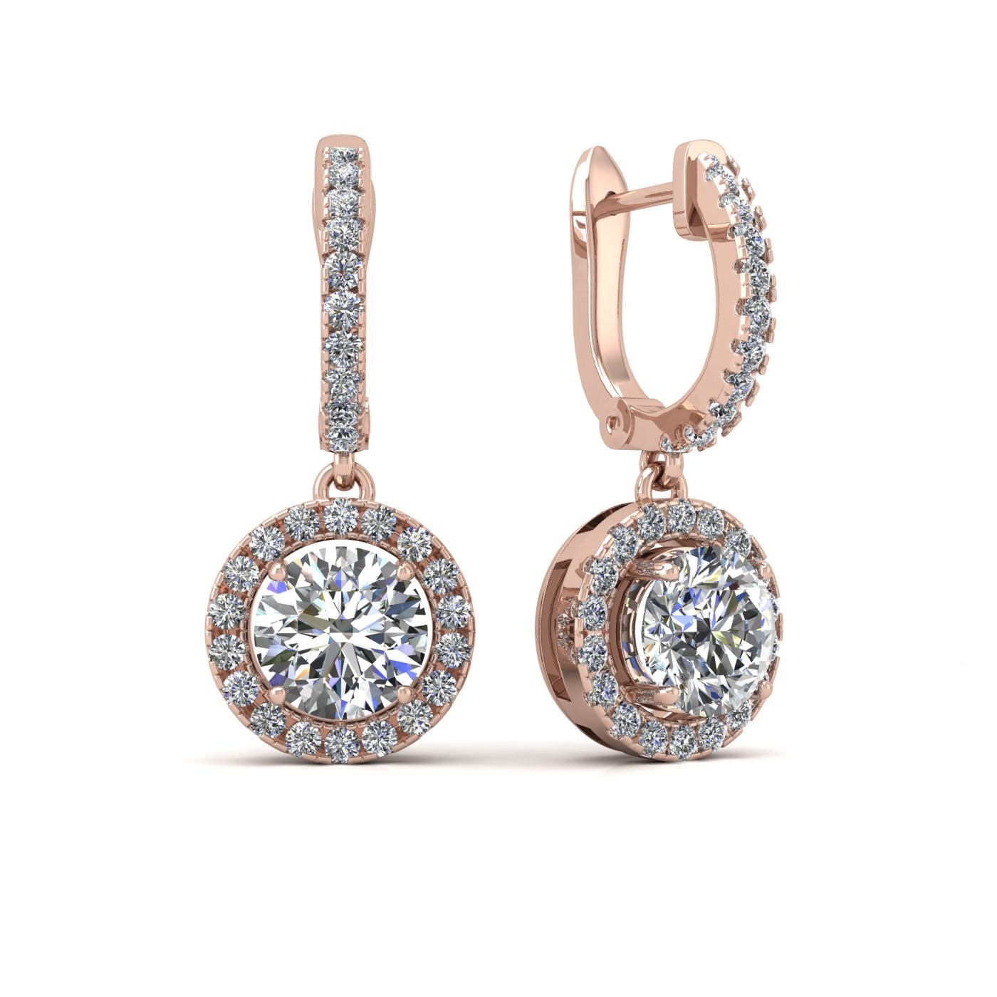 18k rose gold  0,1 ct each (0,2 tcw) round brilliant cut diamond hanging hoop earrings with diamond halo Photos & images