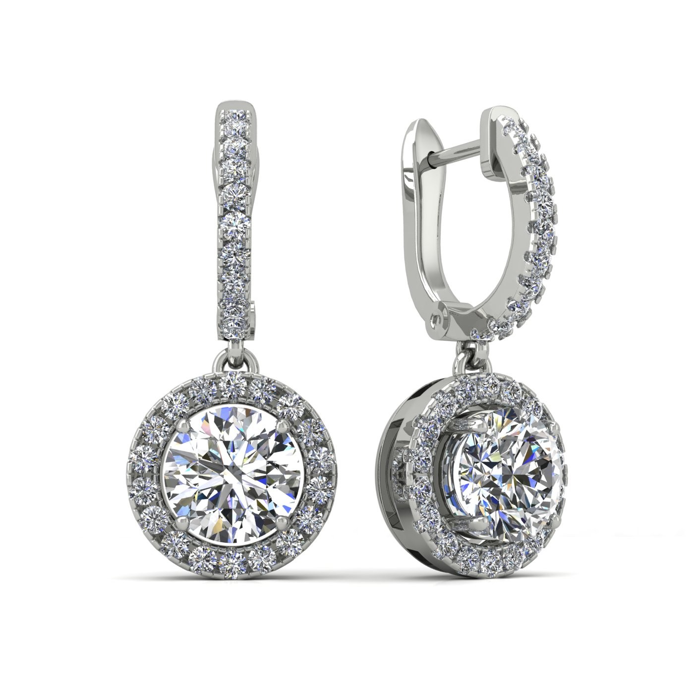 18k white gold  0,1 ct each (0,2 tcw) round brilliant cut diamond hanging hoop earrings with diamond halo Photos & images