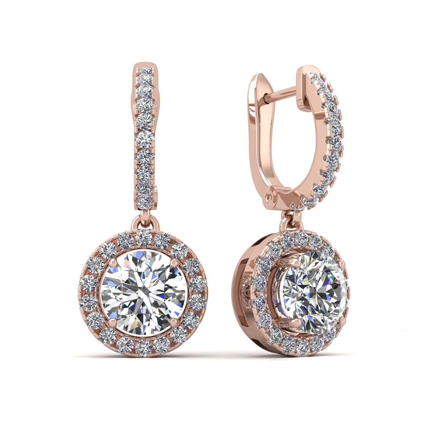 18k rose gold  0,1 ct each (0,2 tcw) round brilliant cut diamond hanging hoop earrings with diamond halo Photos & images